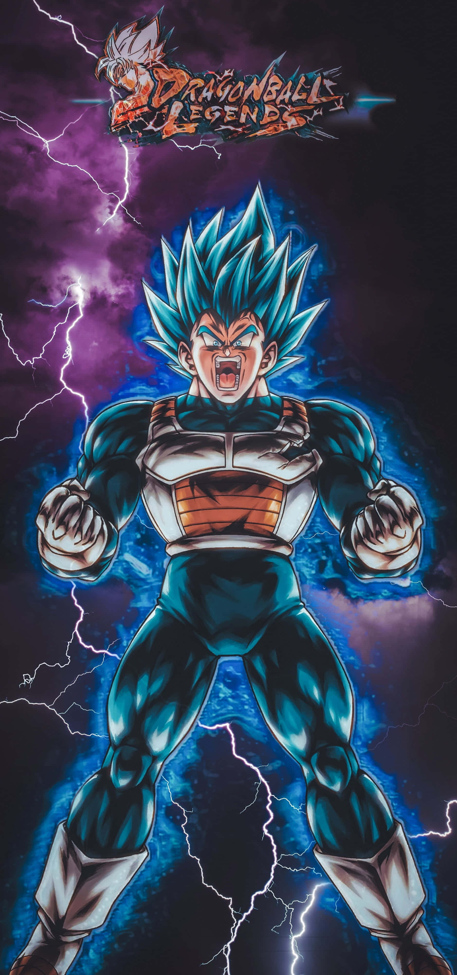 Dragon Ball Legends 桌布 壁紙 — 強大的藍髮賽亞人戰士在劈啪作響的閃電中咆哮，背景是深紫色的暴風雨天空。