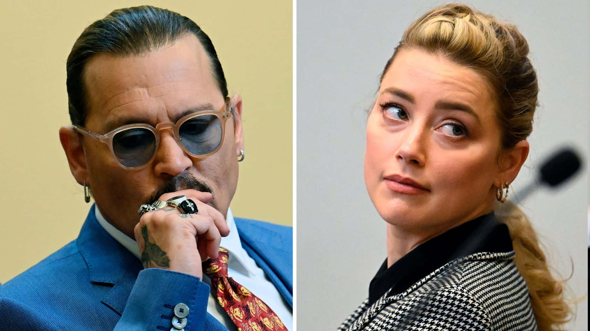 Johnny Depp And Amber Heard 桌布 壁紙 — 強尼戴普和安柏赫德在分開的法庭肖像中，表情嚴肅，穿著正式服裝。