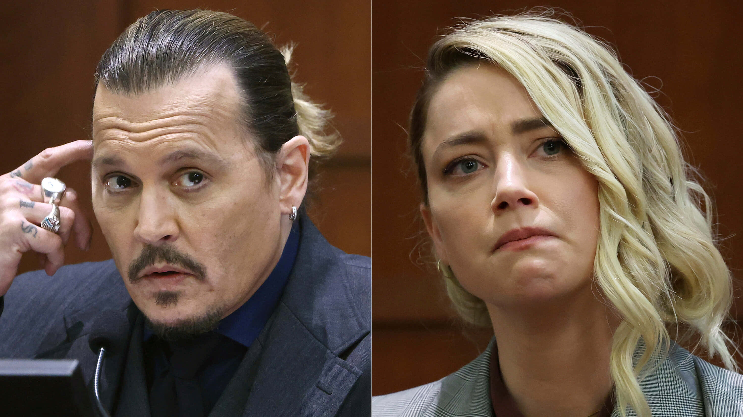Johnny Depp And Amber Heard 桌布 壁紙 — 強尼戴普與安柏赫德在分屏法庭場景中，表情嚴肅，穿著正式服裝。
