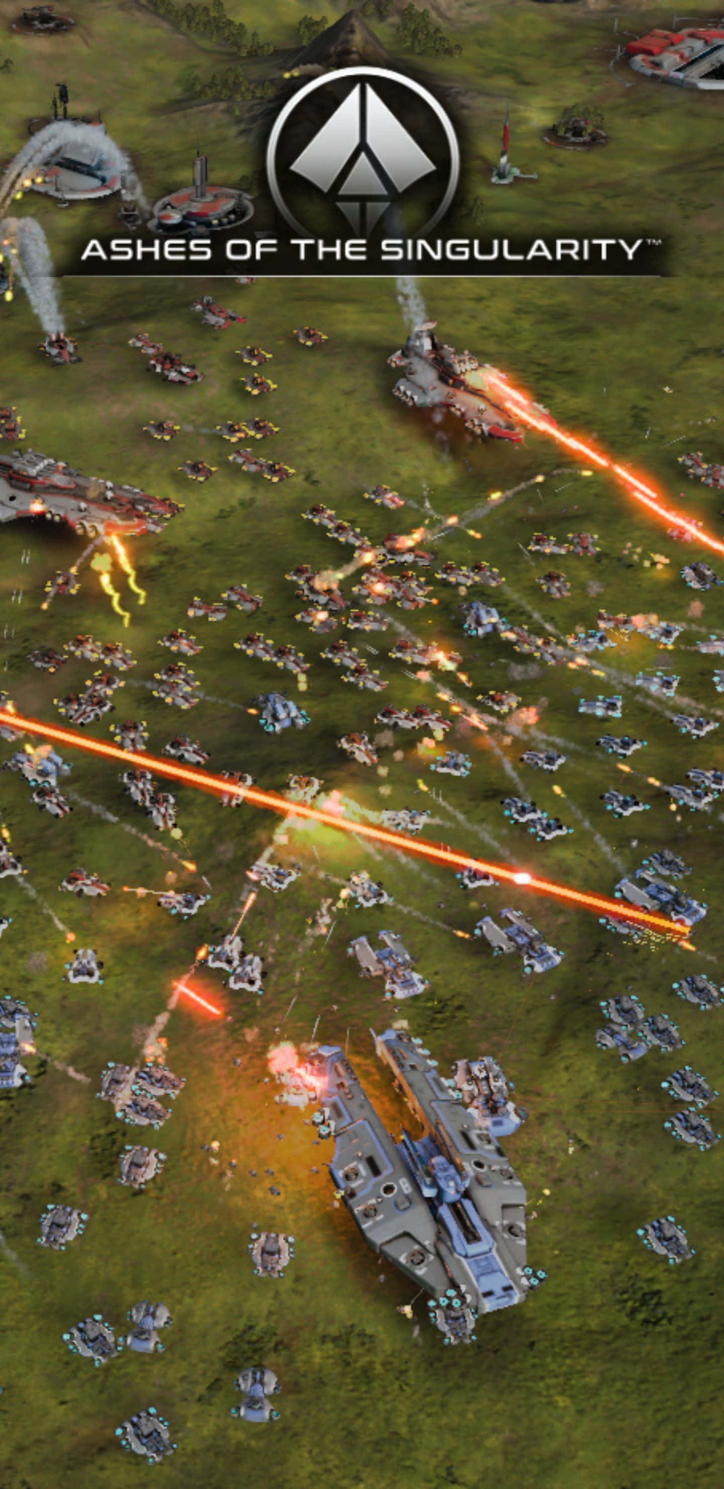 Pixel 3xl Ashes Of The Singularity 桌布 壁紙 — 強烈的未來戰場，綠色地形上閃爍著橙色雷射火焰，機械戰爭機器激烈碰撞。