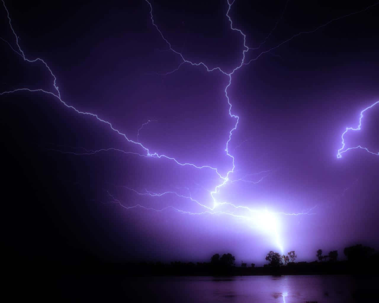 閃電 桌布 壁紙 — 強烈的紫色閃電在暴風雨的夜空中分叉，下方是黑暗的樹木剪影和反射的水面。