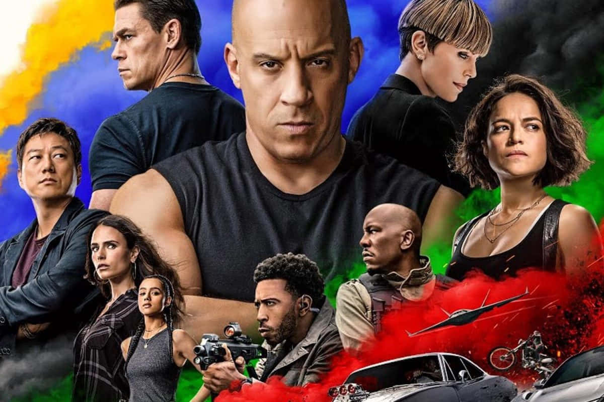 Fast And Furious 桌布 壁紙 — 強烈的電影海報，以Furious 7演員陣容、爆炸和賽車車輛為特色，背景是鮮豔的色彩爆發。
