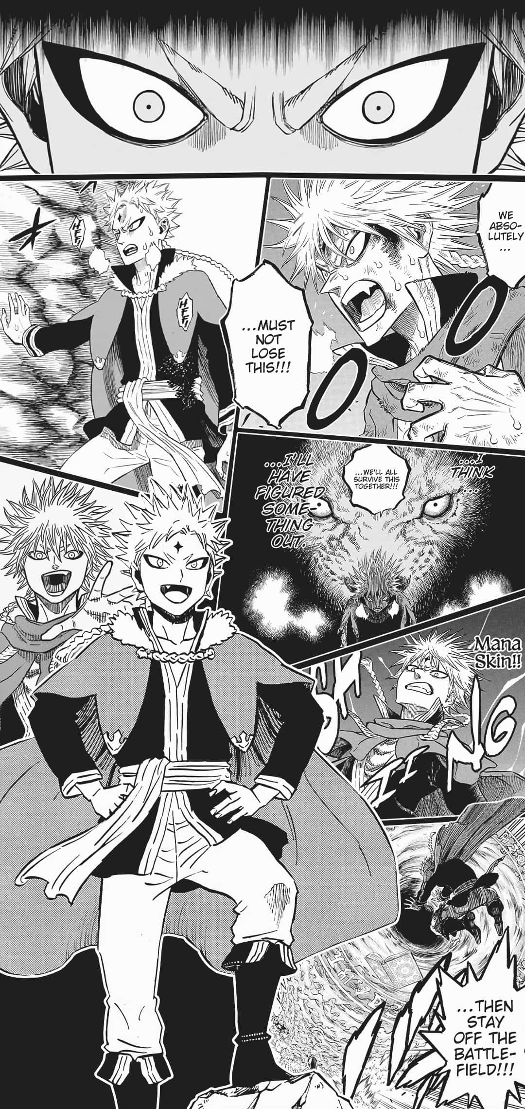 Demon Slayer Manga 桌布 壁紙 — 強烈的黑白漫畫面板，展示一個堅定的刺蝟頭戰士在爆炸性動作中吶喊戰鬥口號。