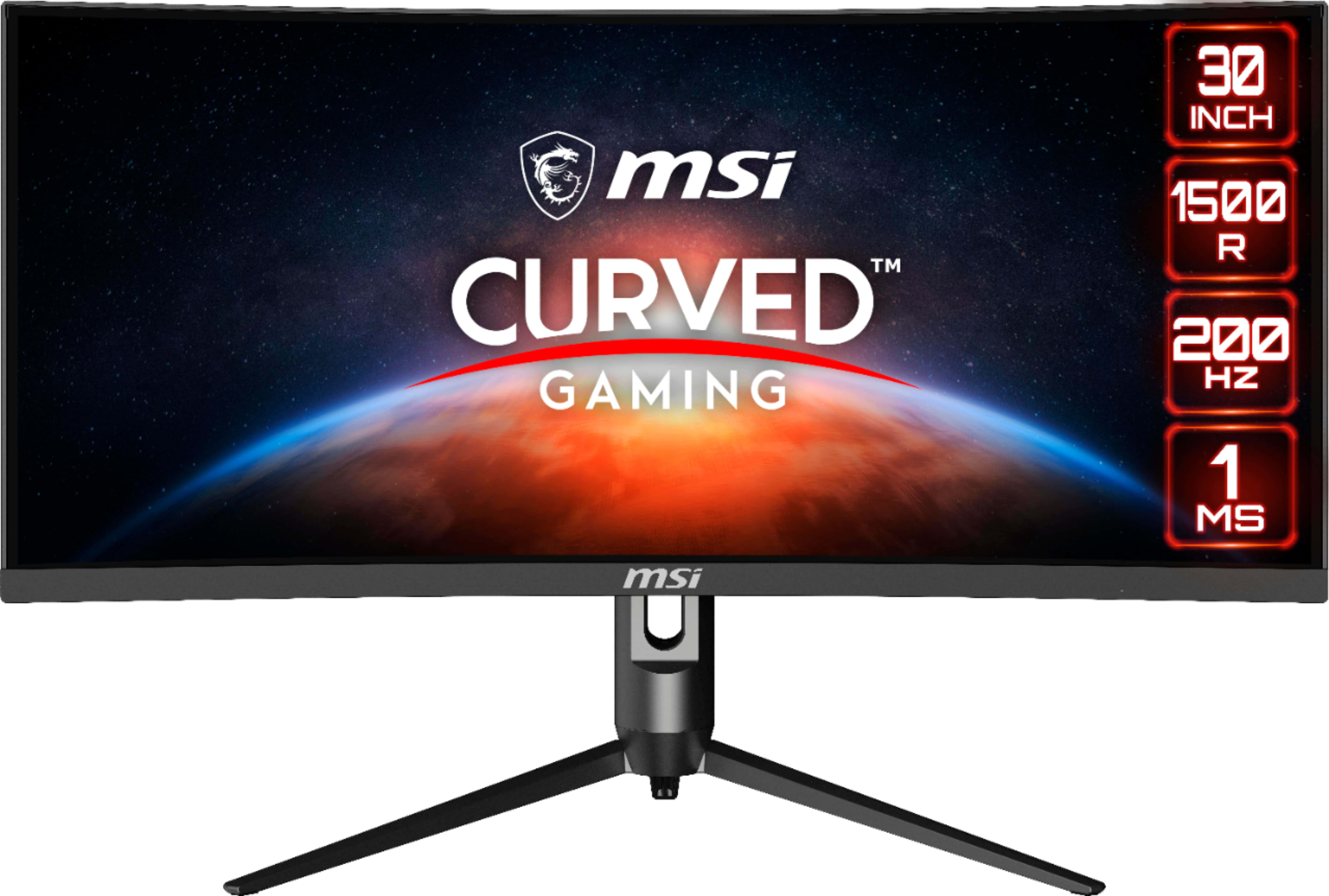 msi 2560x1080 桌布 壁紙 — 彎曲的MSI電競顯示器顯示充滿活力的太空場景，帶有地球曲線和發光的規格，突出其30英寸200Hz的規格。