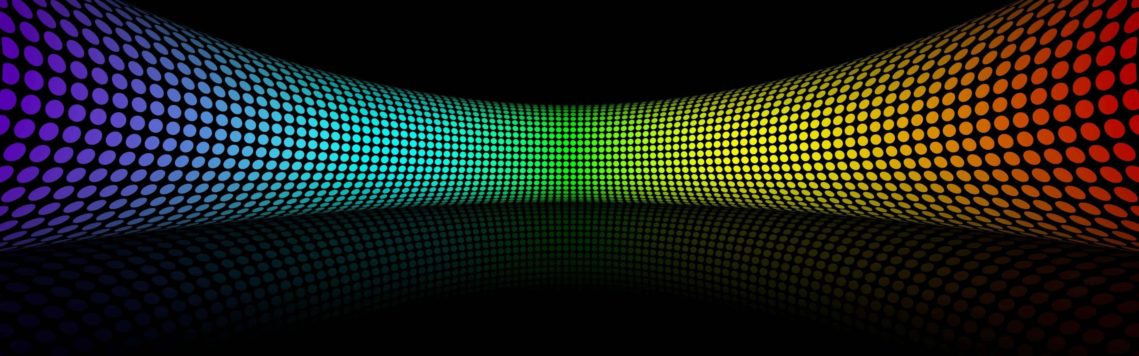 RGB 桌布 壁紙 — 彎曲的彩虹漸變發光點在反光黑色表面上形成拱形，營造出未來感的隧道效果。