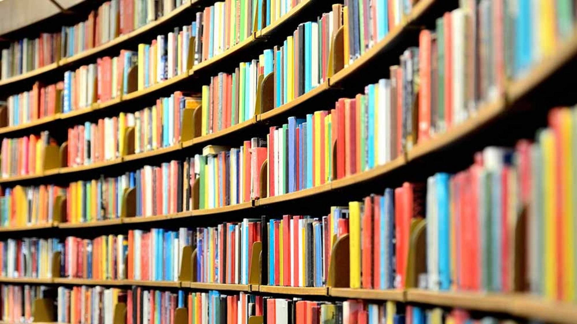 Chennai 桌布 壁紙 — 彎曲的木書架上放滿色彩繽紛的書籍，營造出溫暖燈光下充滿活力的圖書館場景。