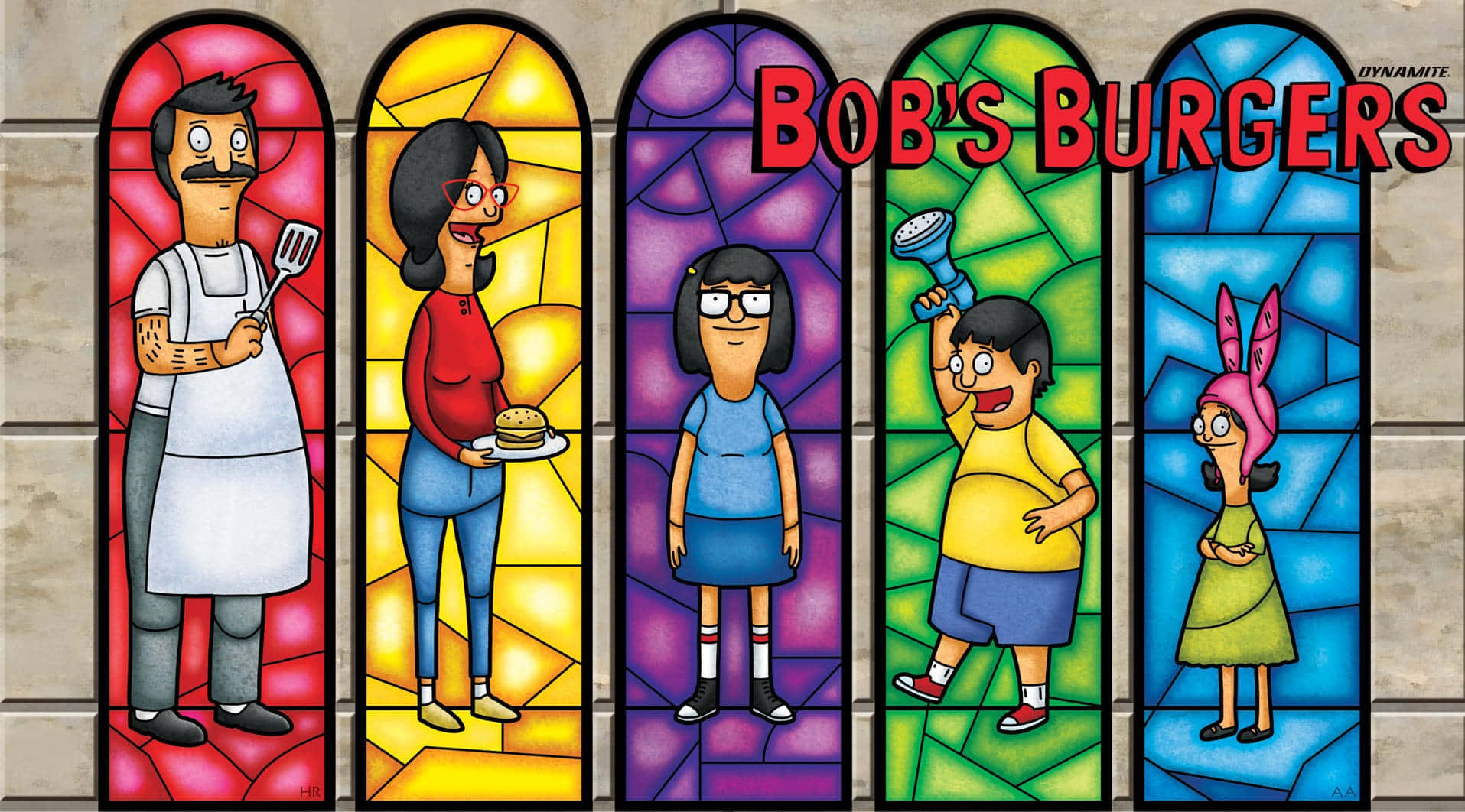bob's burgers 桌布 壁紙 — 彩繪玻璃窗描繪了《開心漢堡店》家庭角色，以鮮豔彩色面板呈現，背景為石牆。
