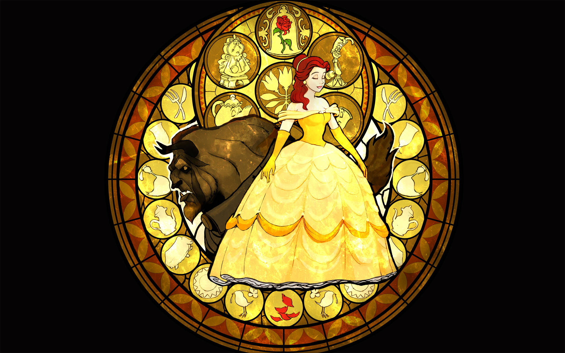 Belle 桌布 壁紙 — 彩繪玻璃窗描繪貝兒身穿黃色禮服，站在野獸旁邊，周圍有魔法物品環繞。