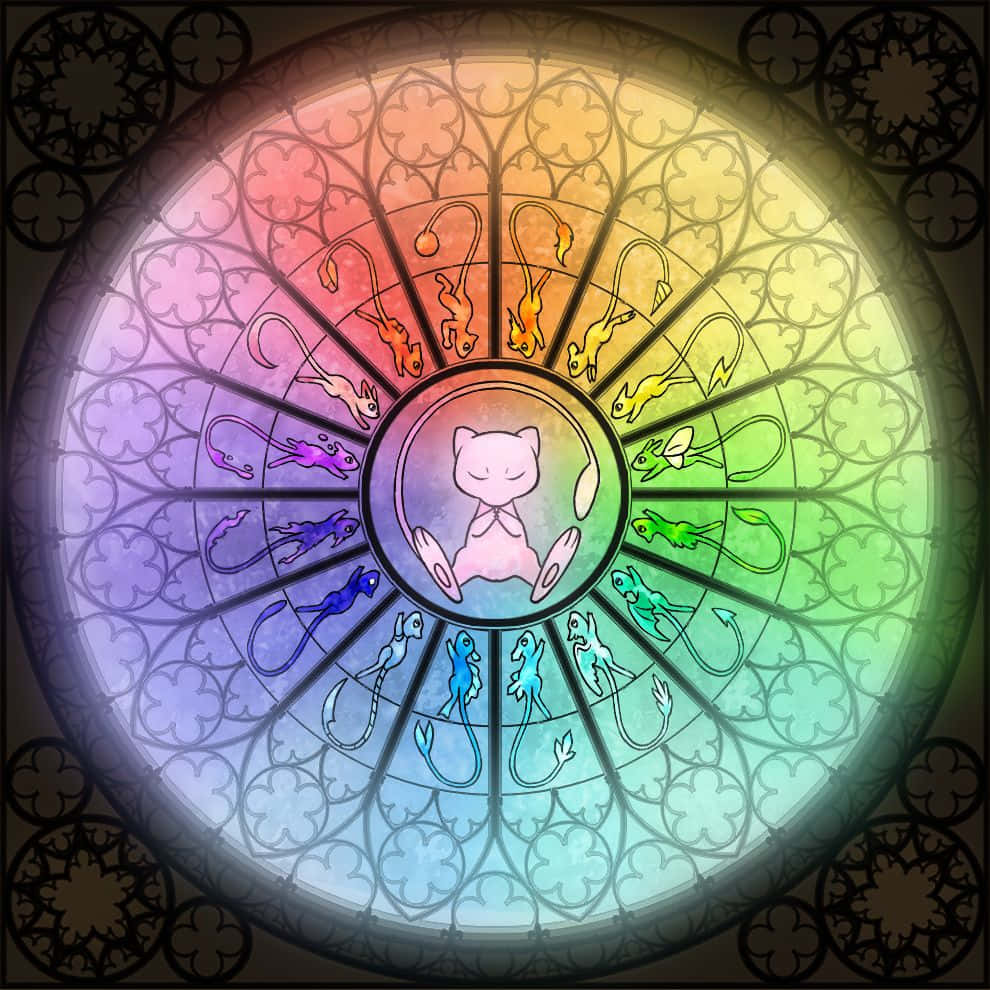 Mew 桌布 壁紙 — 彩繪玻璃窗設計，中央為超夢，周圍環繞其進化鏈，呈現彩虹色調。