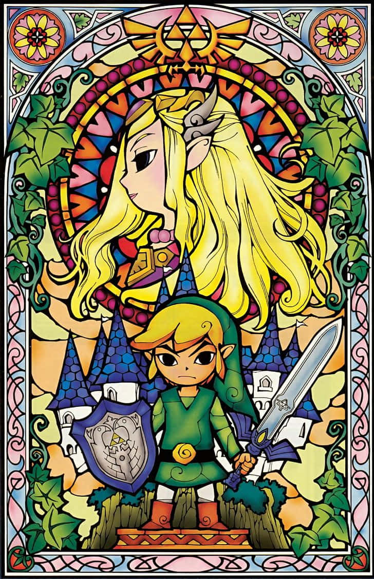 The Legend Of Zelda The Wind Waker 桌布 壁紙 — 彩繪玻璃藝術品描繪了薩爾達和林克在一個充滿活力的拱形窗戶中，帶有常春藤和三角力量符號。