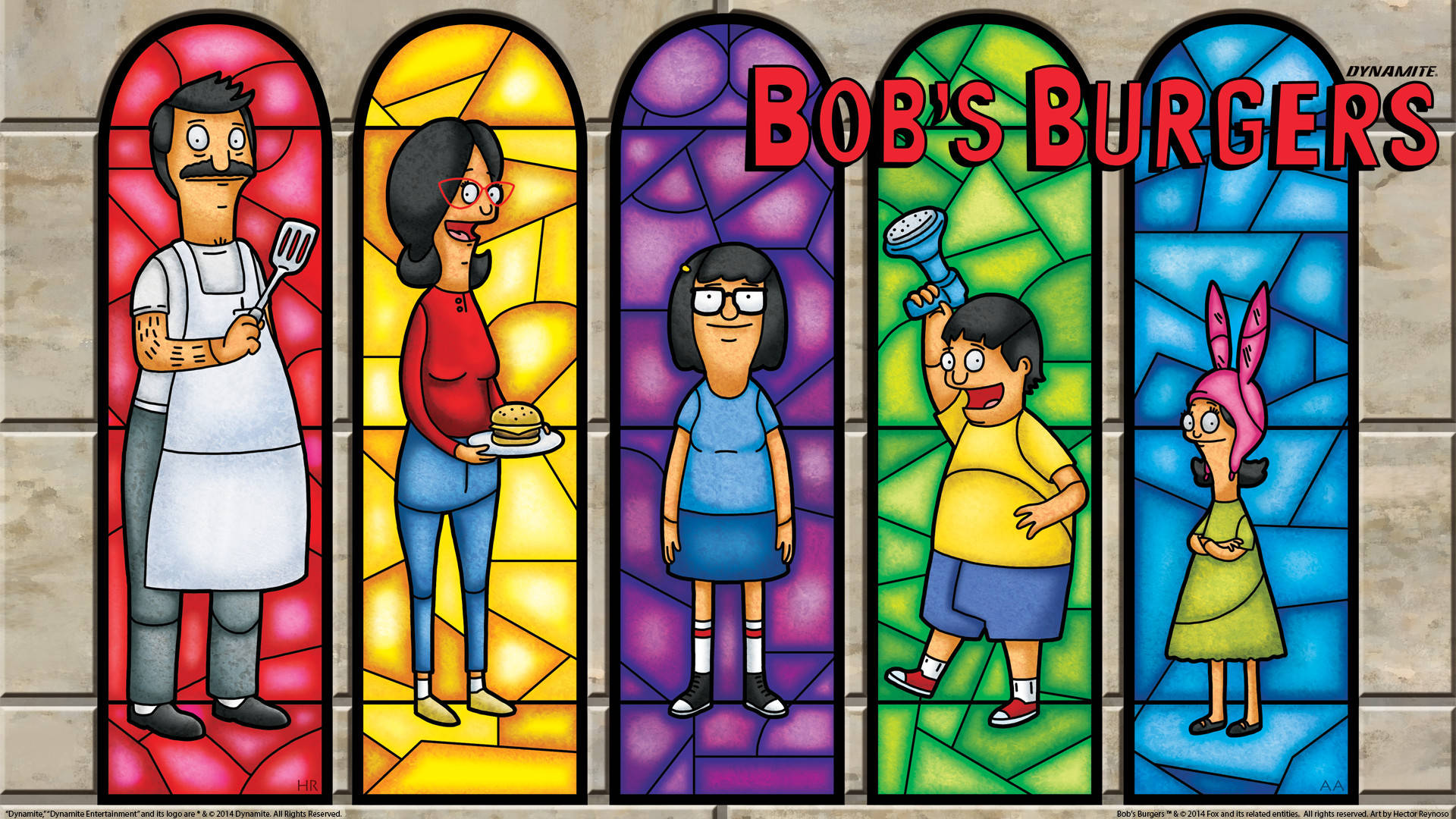 Family 桌布 壁紙 — 彩色玻璃窗以鮮豔的彩色面板在石牆上描繪了 Bob's Burgers 一家。
