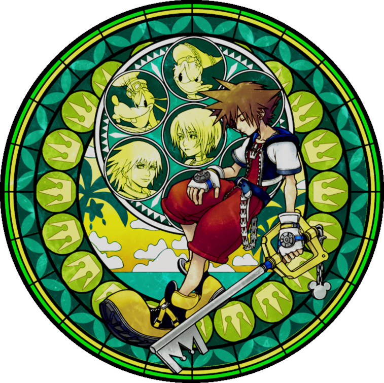 Kingdom Hearts 桌布 壁紙 — 彩色玻璃窗描繪了一位年輕英雄，棕色刺蝟頭，手持鑰刃，周圍環繞著三幅肖像和綠色圓形圖案。