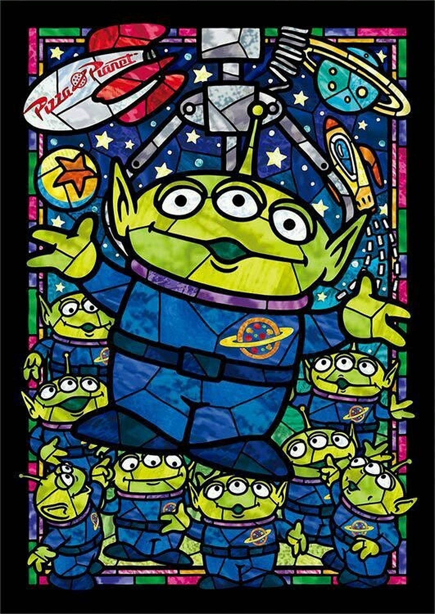 Toy Story Alien 桌布 壁紙 — 彩色玻璃藝術品，中央有一個綠色三眼外星人，周圍環繞著較小的外星人和太空主題元素。