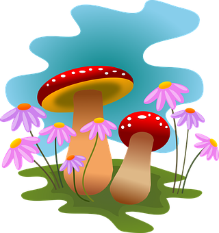 彩色蘑菇與花朵插畫 壁紙