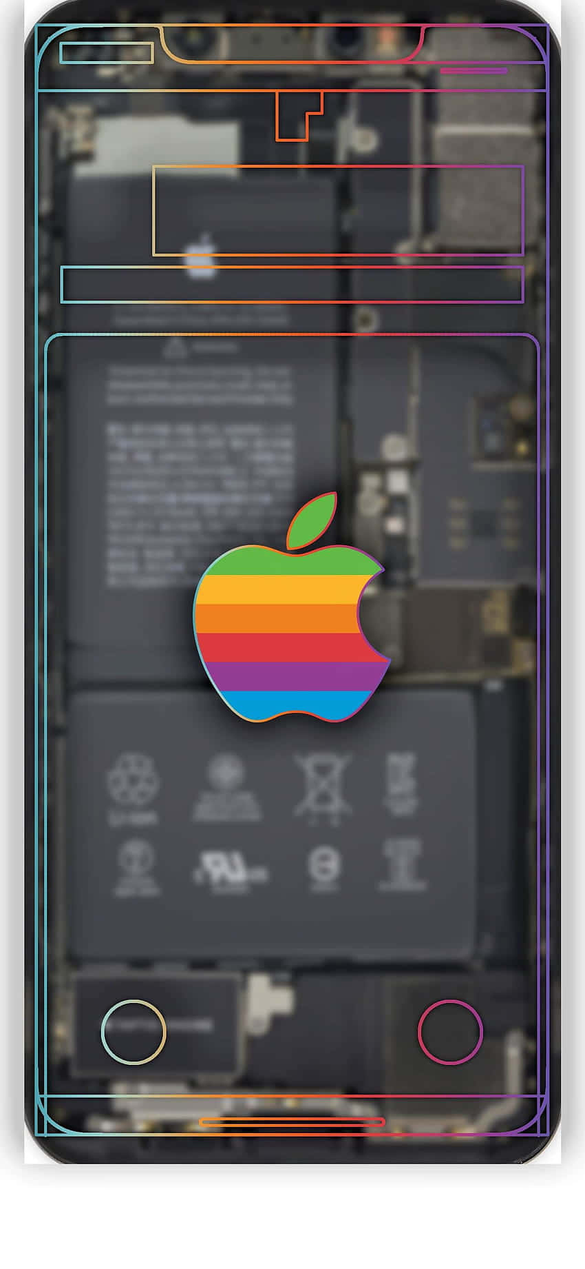 蘋果 桌布 壁紙 — 彩虹Apple標誌居中於智慧型手機暴露的內部電路上，彩色輪廓突出元件。