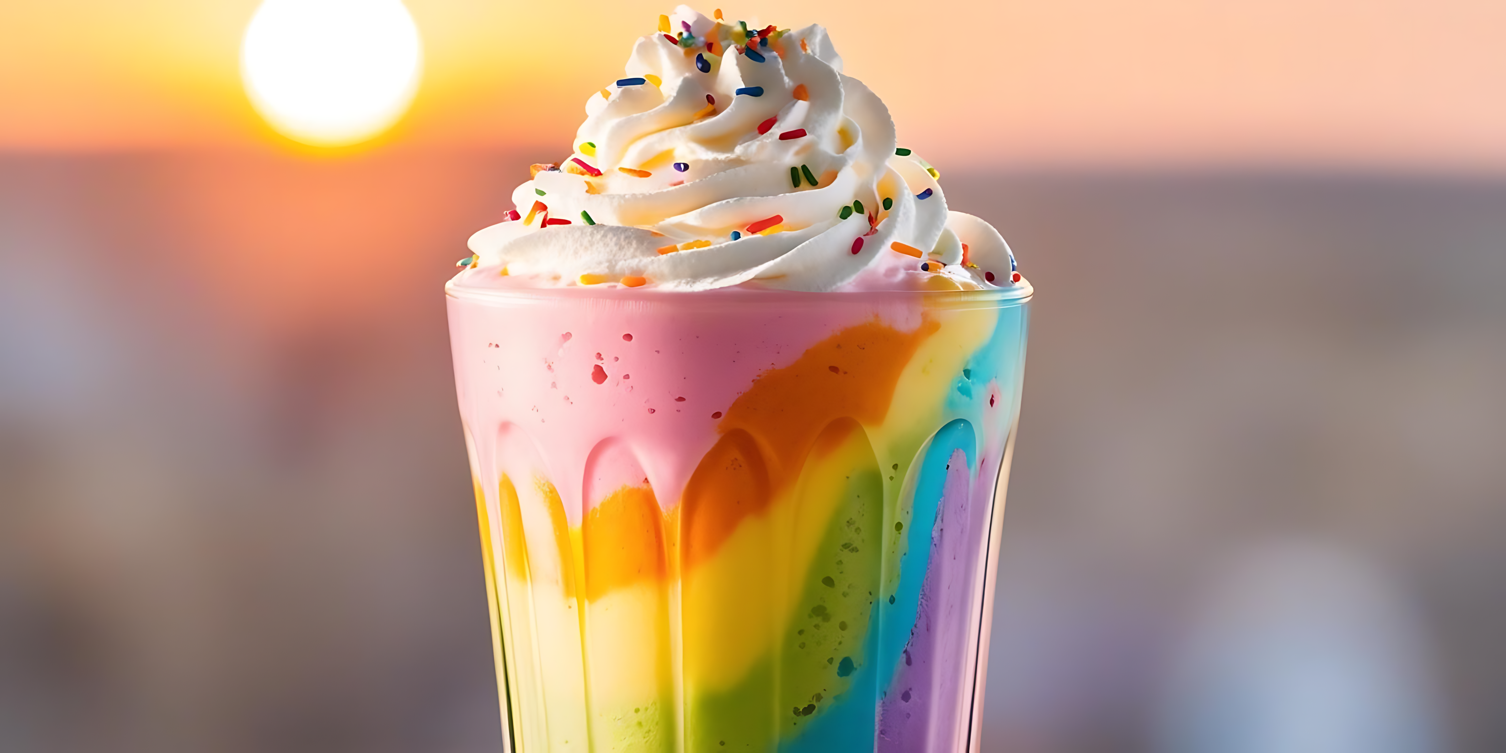 Whipped 桌布 壁紙 — 彩虹奶昔配上鮮奶油和彩色糖粒，以日落為背景。