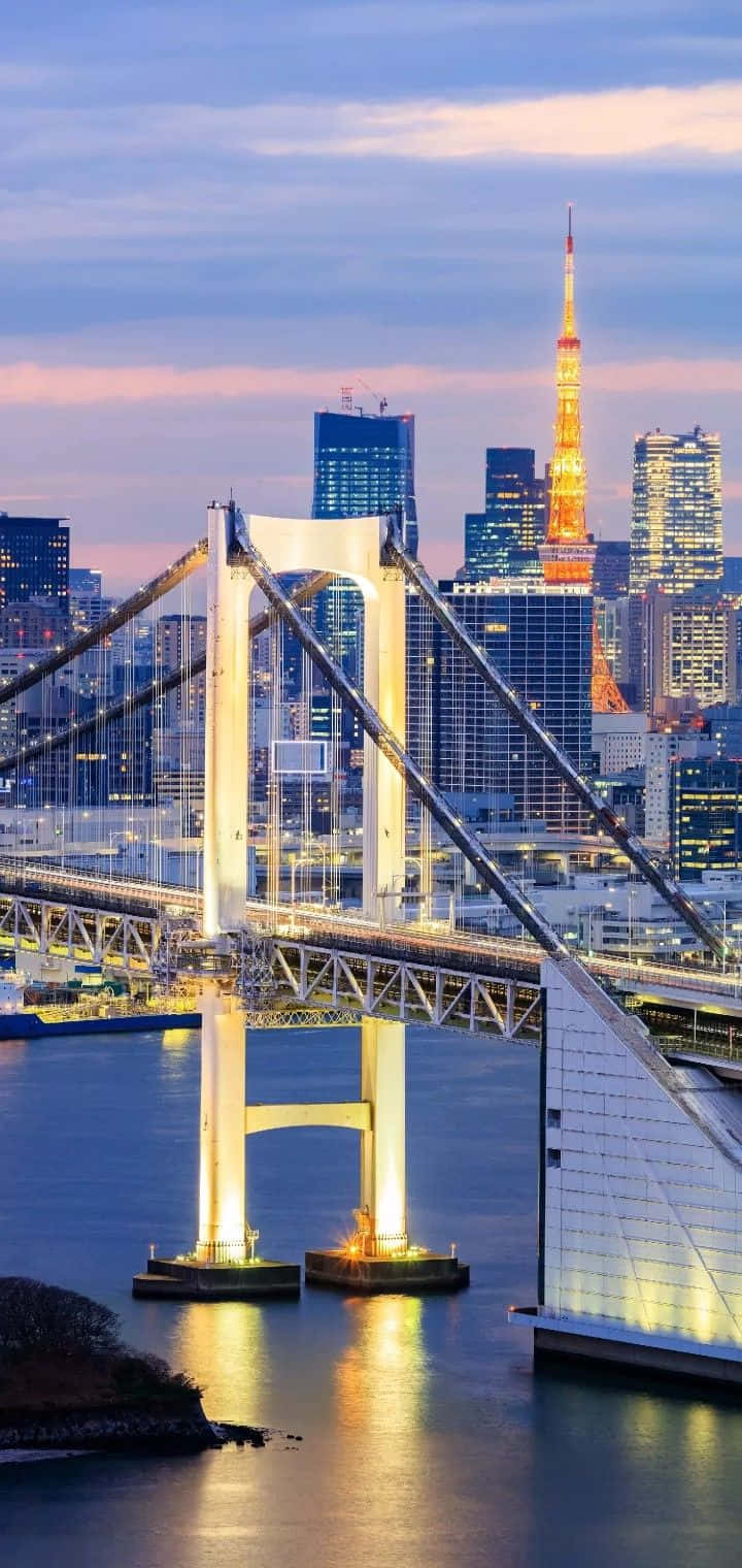 Rainbow Bridge 桌布 壁紙 — 彩虹橋在黃昏時分照亮東京灣，東京塔在柔和色調的天空中閃耀。