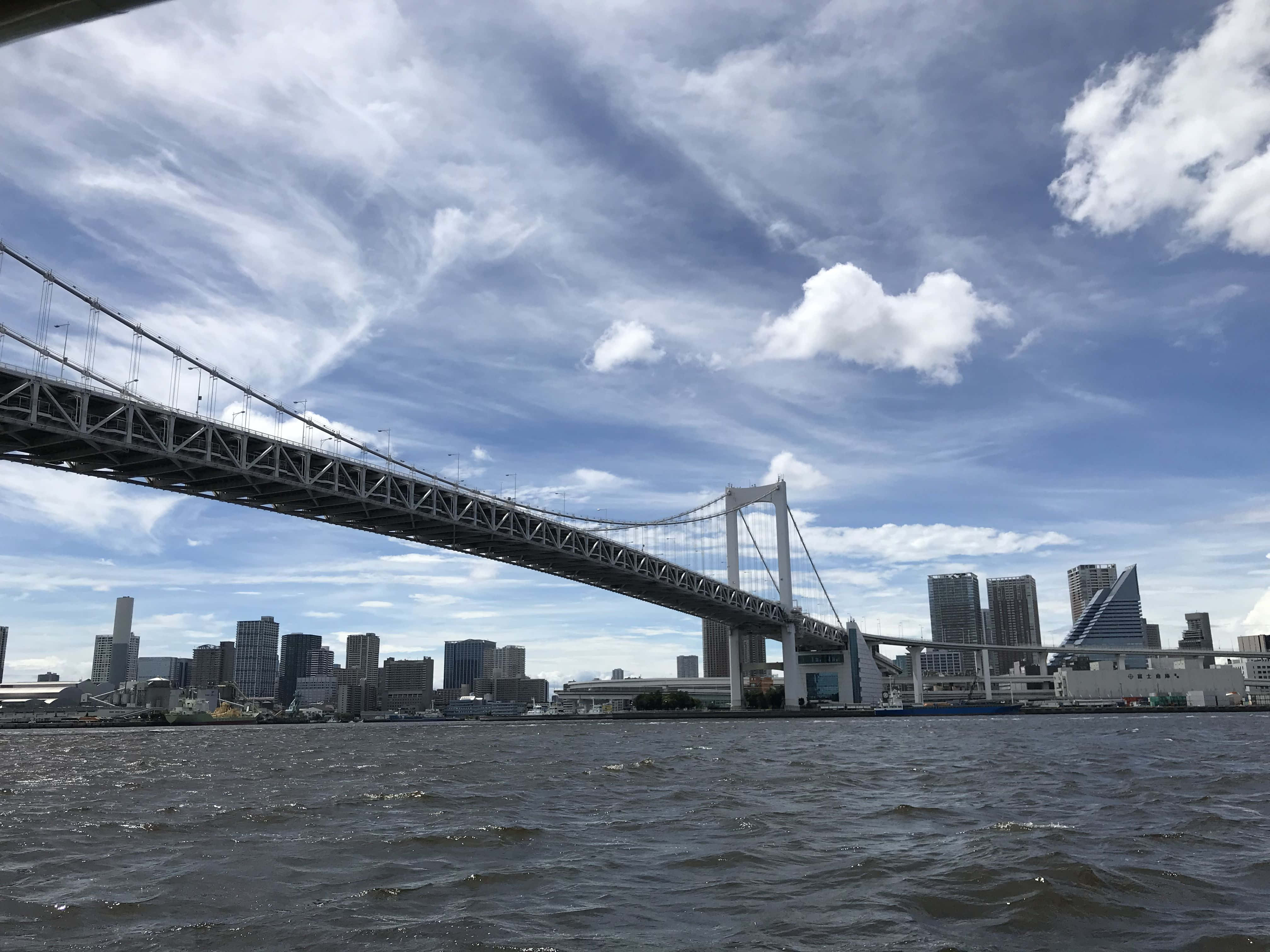 Rainbow Bridge 桌布 壁紙 — 彩虹橋橫跨東京灣，天空局部多雲，現代摩天大樓沿著海濱排列。