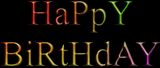 Happy Birthday Text 桌布 壁紙 — 彩虹漸層文字拼出「Happy Birthday」，帶有金屬光澤，背景為黑色。