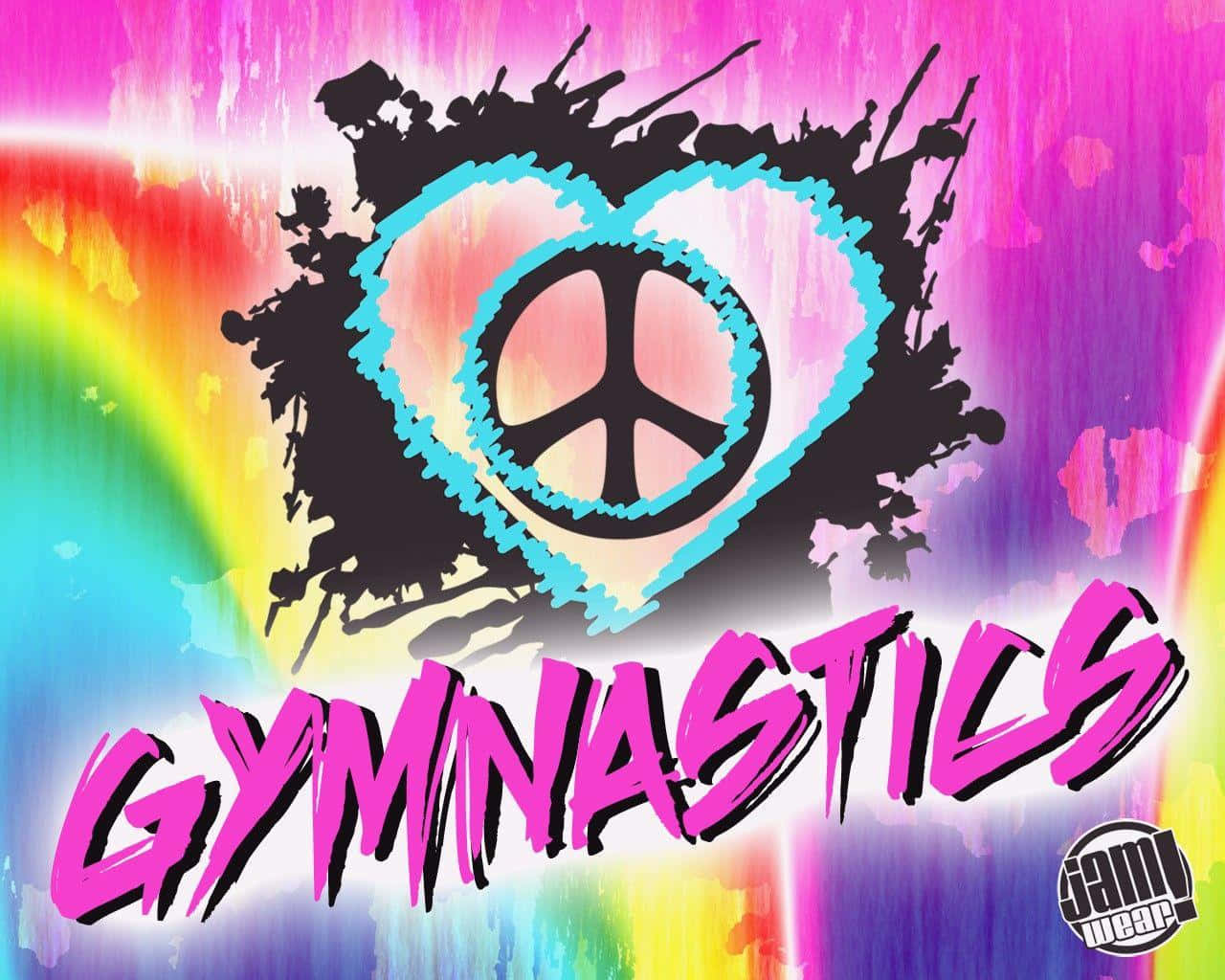 體操 桌布 壁紙 — 彩虹潑濺背景上，心形內帶有「GYMNASTICS」文字的鮮豔塗鴉風格和平標誌。