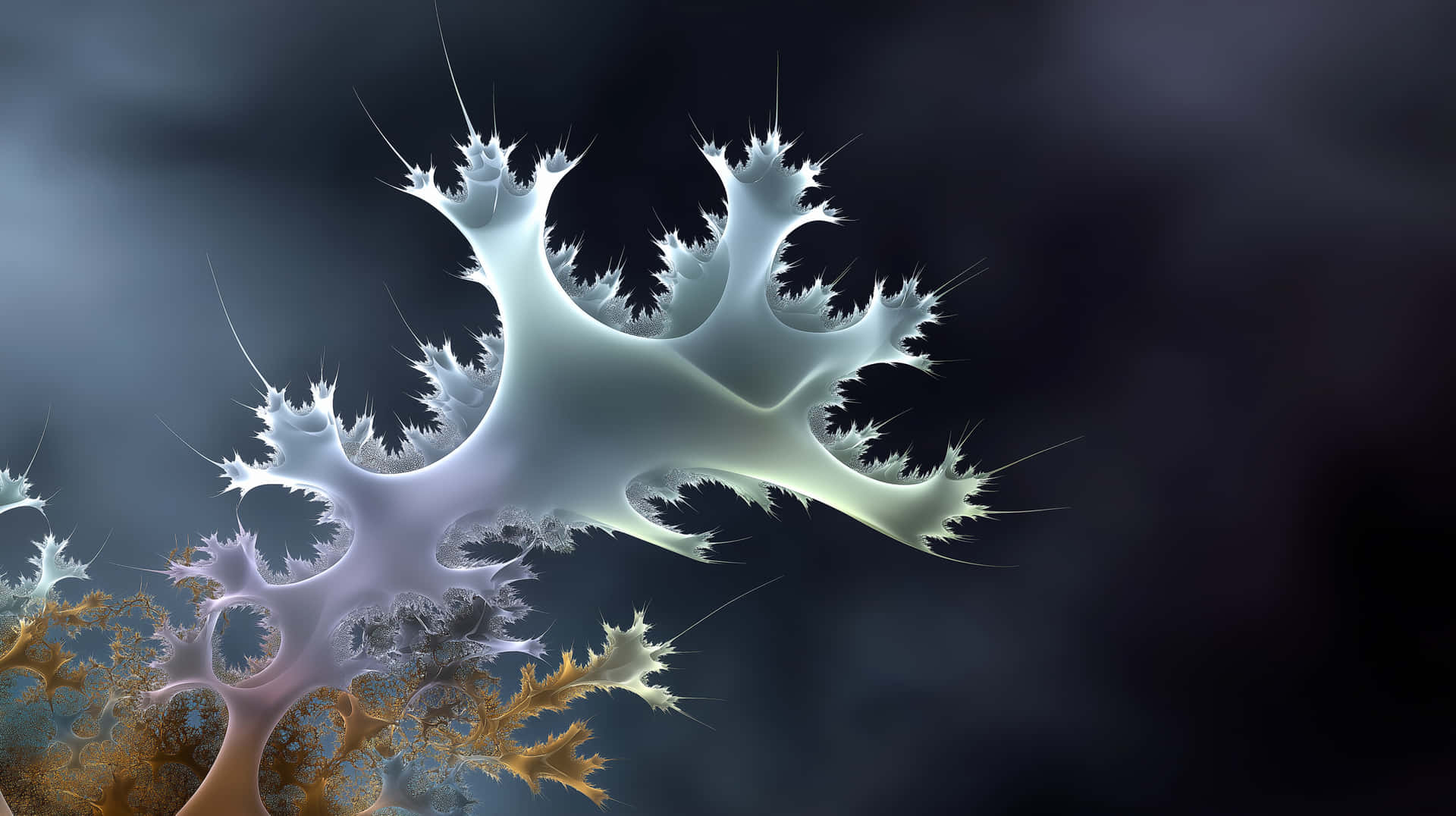 Amorphous Derivative in Dendritic Universe 壁紙 — 彩虹色分形樹枝帶有尖銳的刺狀邊緣，在深色漸變背景上發光。