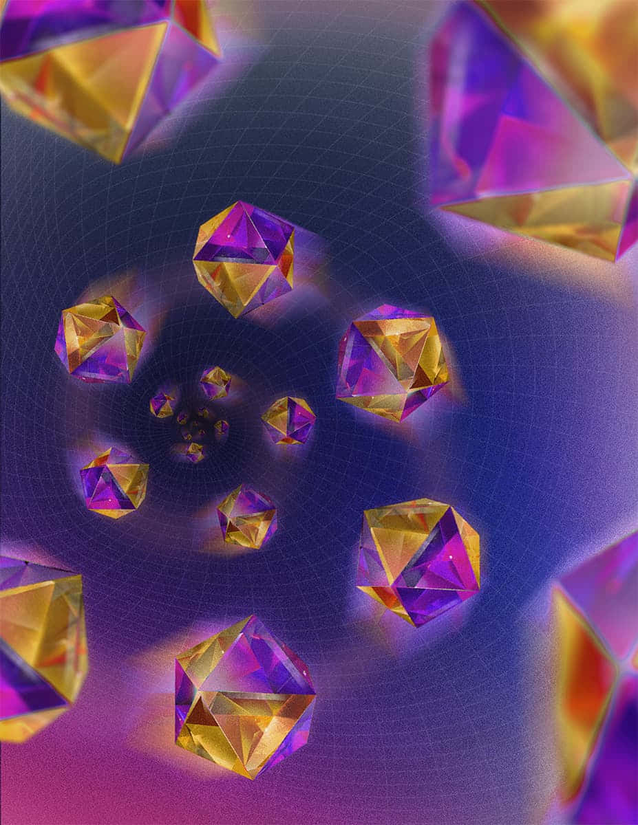 水晶 桌布 壁紙 — 彩虹色幾何晶體向內螺旋，背景為發光的紫色和金色漸變。