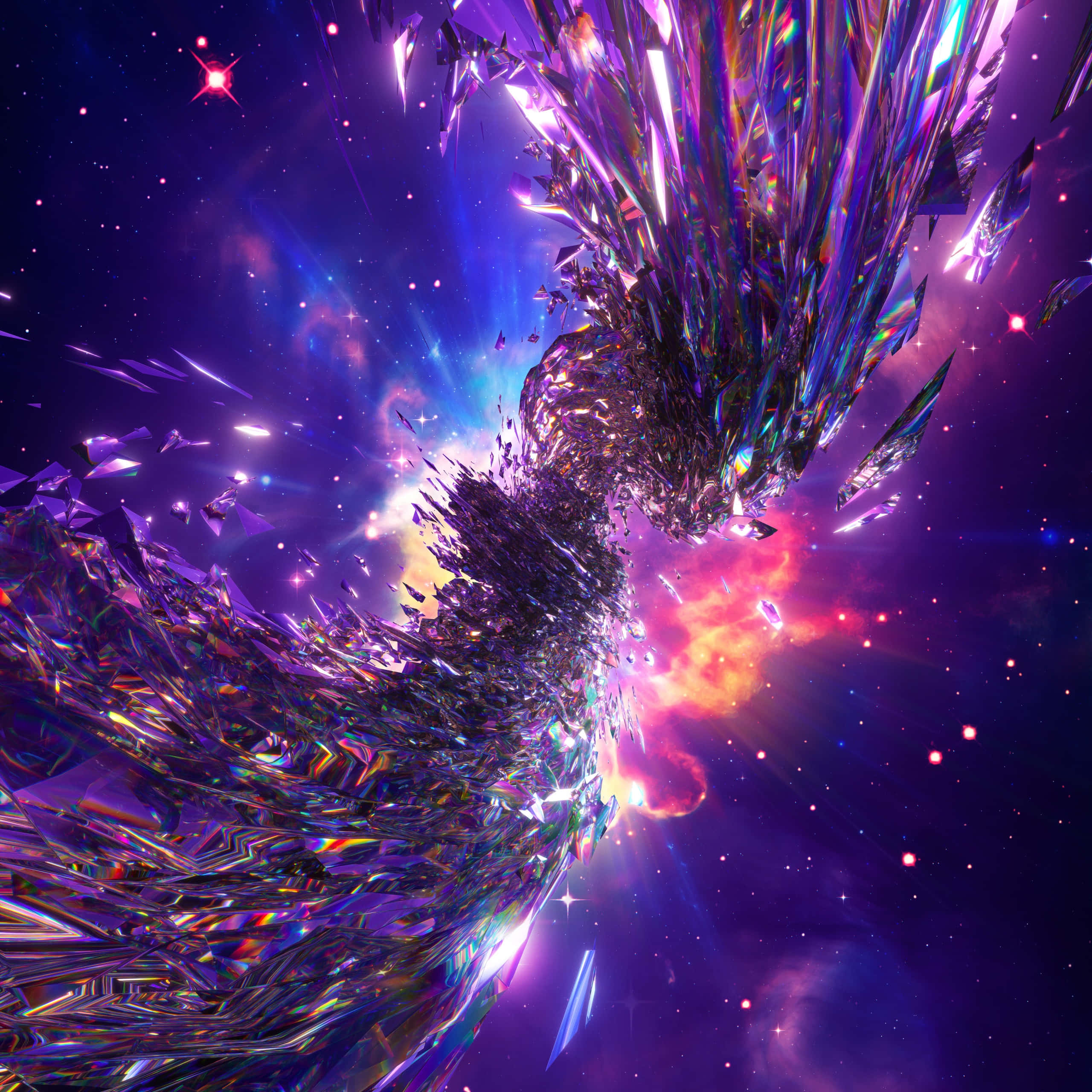 Trippy Galaxy 桌布 壁紙 — 彩虹色水晶碎片的宇宙爆炸穿過充滿活力的星雲，背景是佈滿星星的紫色星系。