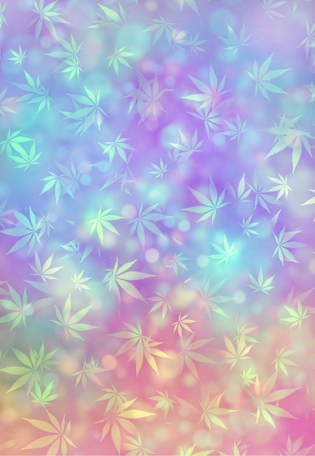 迷幻動圖 桌布 壁紙 — 彩虹色的大麻葉漂浮在夢幻般的柔和漸變背景上，帶有柔和發光的光暈效果。