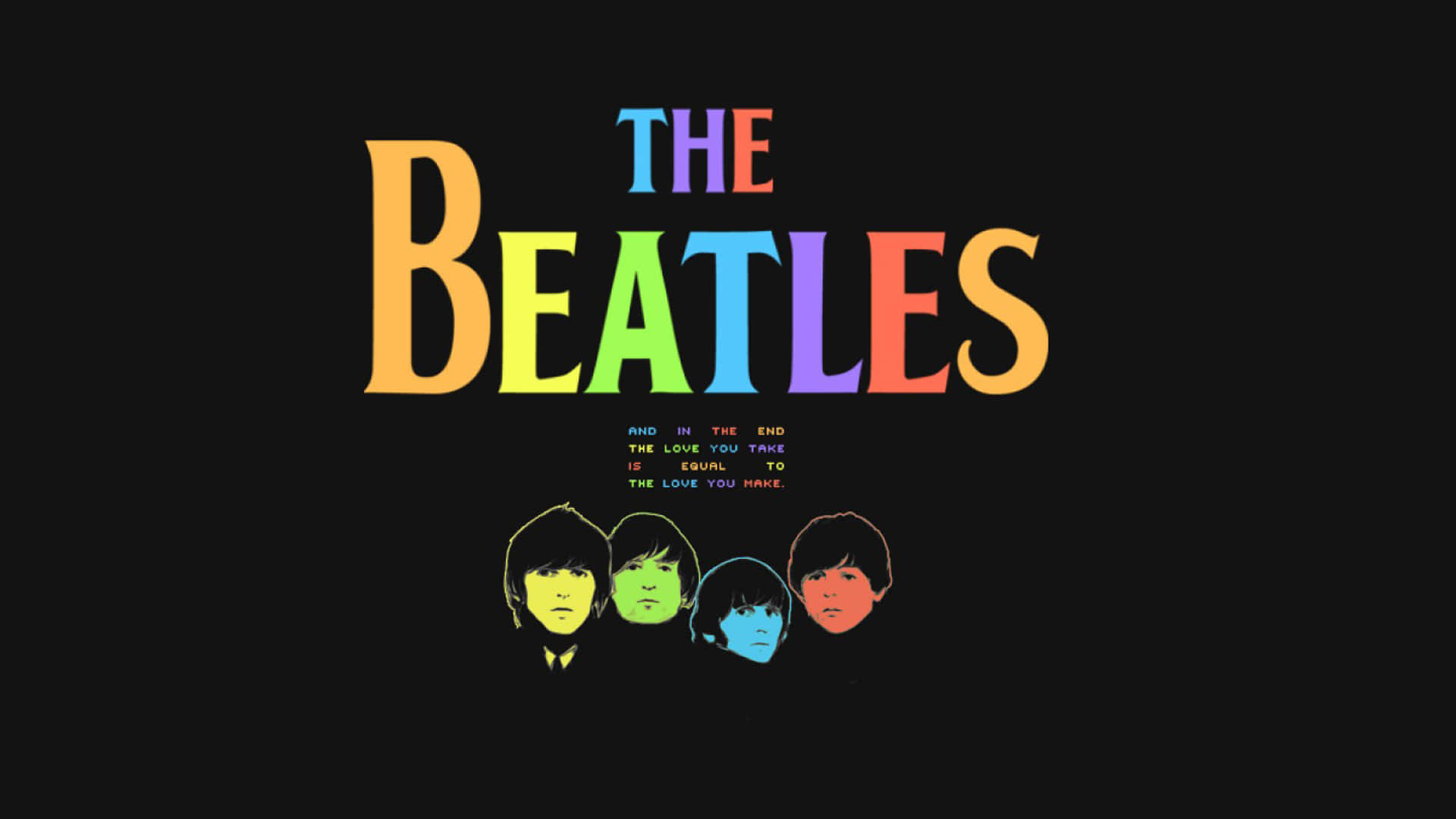 the beatles 桌布 壁紙 — 彩虹色的披頭四標誌，下方有四個風格化的面孔，背景為黑色。