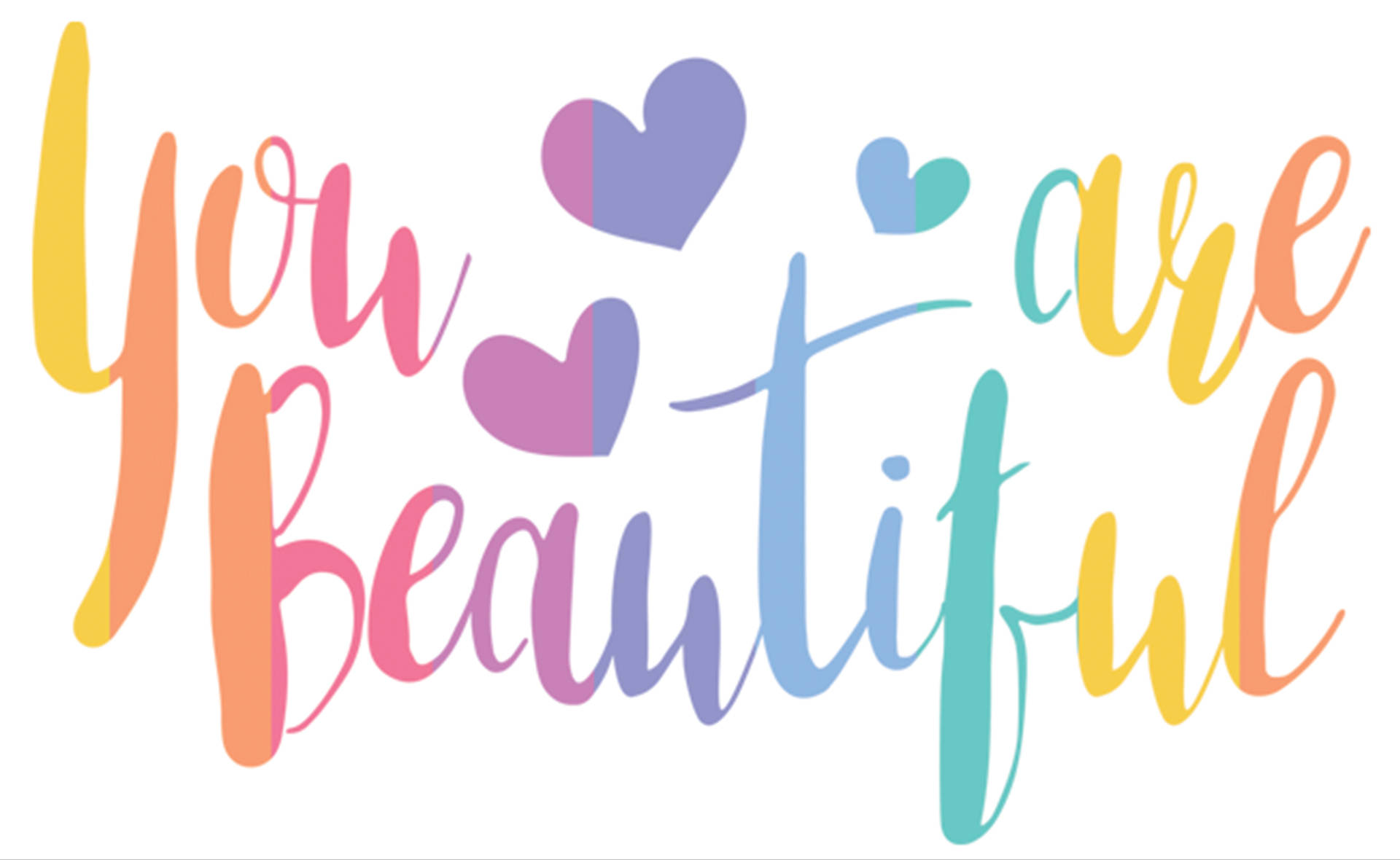 You Are Beautiful 桌布 壁紙 — 彩虹色草書文字寫著「你很美麗」，白色背景上單詞之間漂浮著粉彩心形。