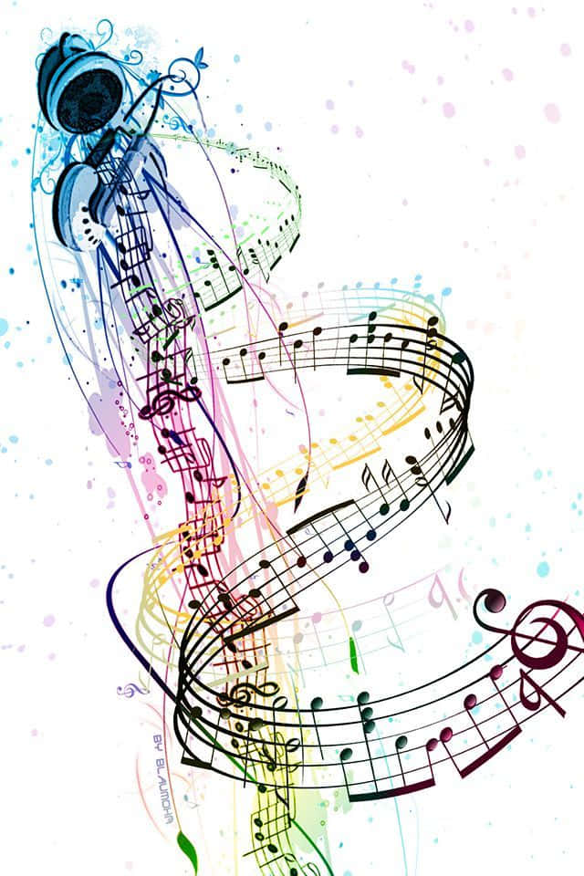 Music Notes 桌布 壁紙 — 彩虹色調的音樂音符和高音譜號在斑點白色背景上形成充滿活力的抽象漩渦。