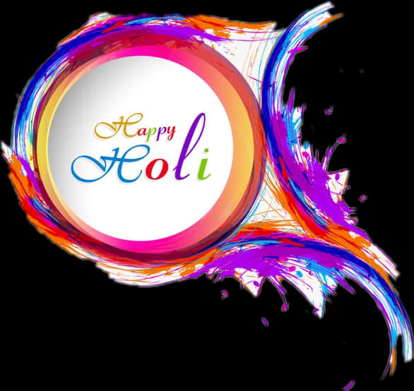 Holi Colour 桌布 壁紙 — 彩虹色調的鮮豔油漆飛濺圍繞著一個白色圓圈，上面有「Happy Holi」文字，背景為黑色。