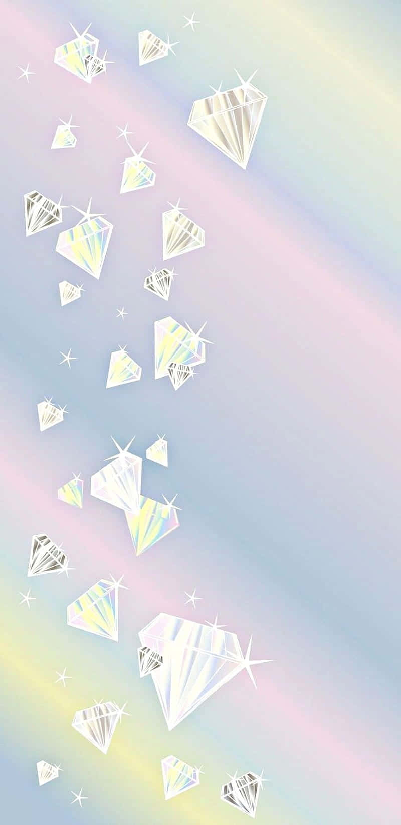 Pastel Crystal 桌布 壁紙 — 彩虹色鑽石沿對角線漂浮在柔和粉彩漸變天空上，伴隨著閃爍的星爆。