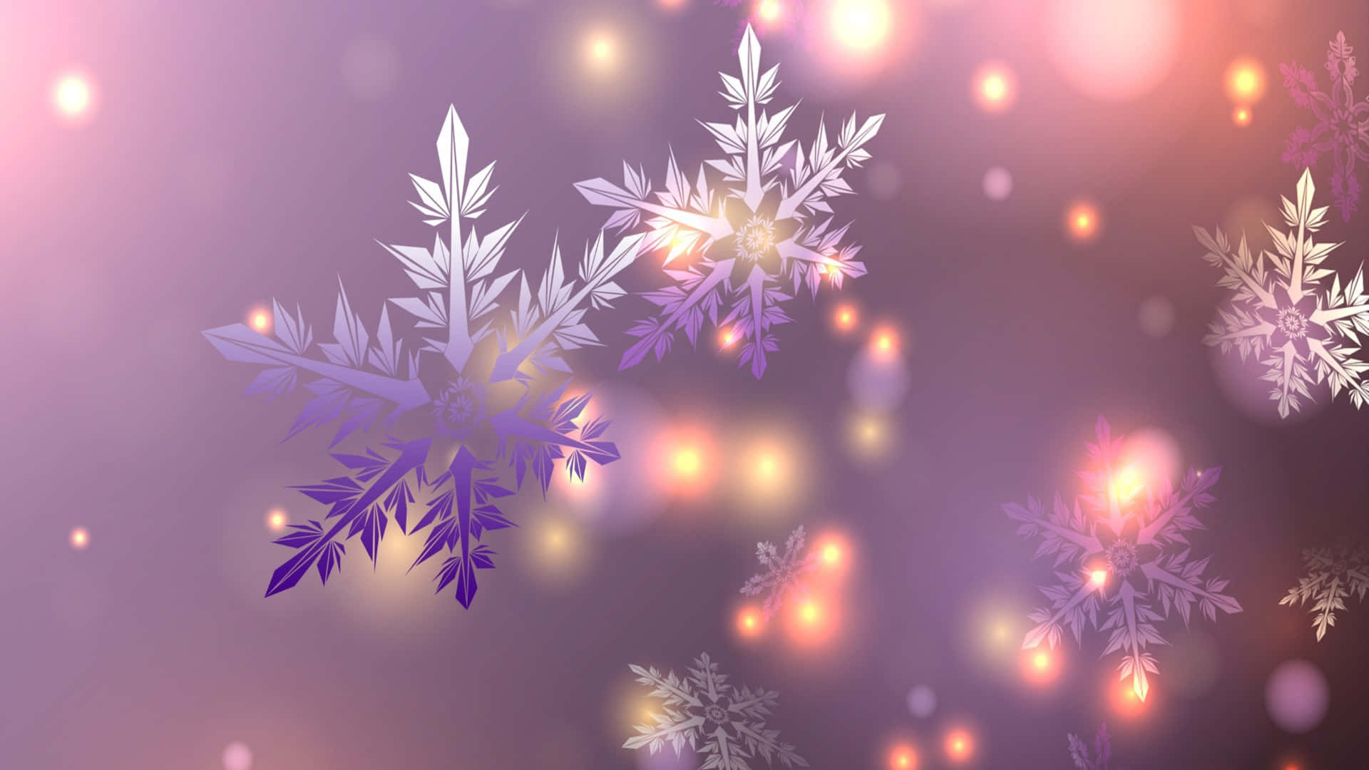 雪花 桌布 壁紙 — 彩虹色雪花漂浮在柔和的紫色背景上，點綴著溫暖發光的散景燈光。