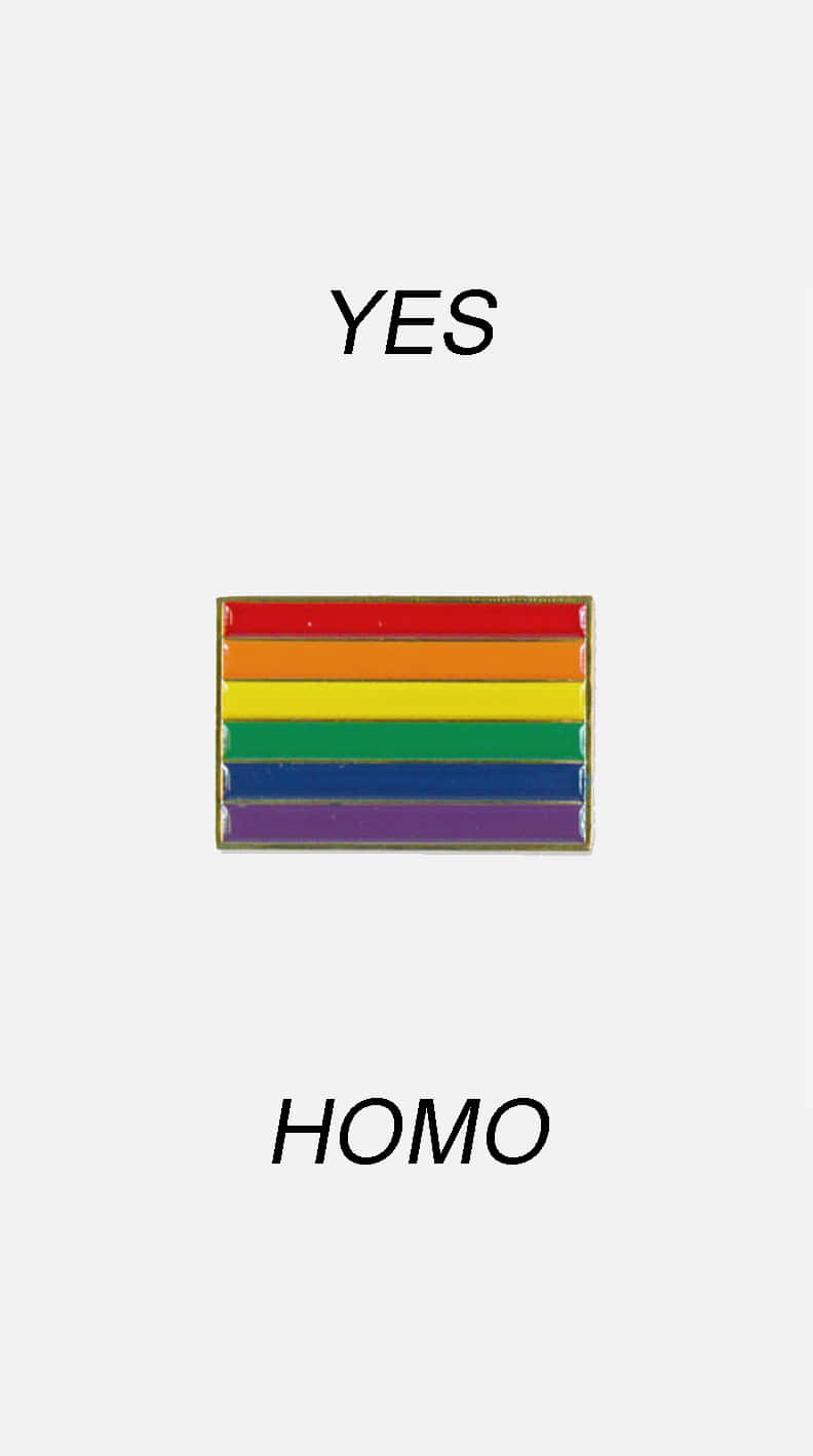 Im Gay 桌布 壁紙 — 彩虹驕傲旗幟別針居中於YES和HOMO之間，背景為純白色。