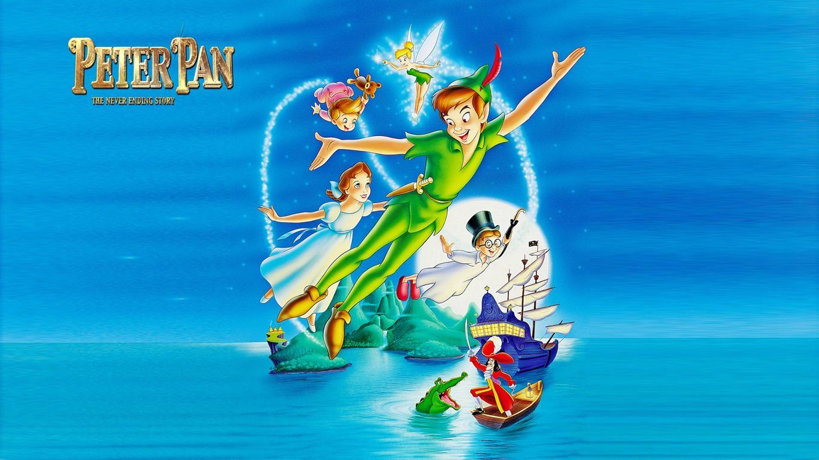 Peter Pan 桌布 壁紙 — 彼得潘與溫蒂在繁星點點的藍天中翱翔，下方是月光照耀的海洋，小叮噹和虎克船長就在下面。