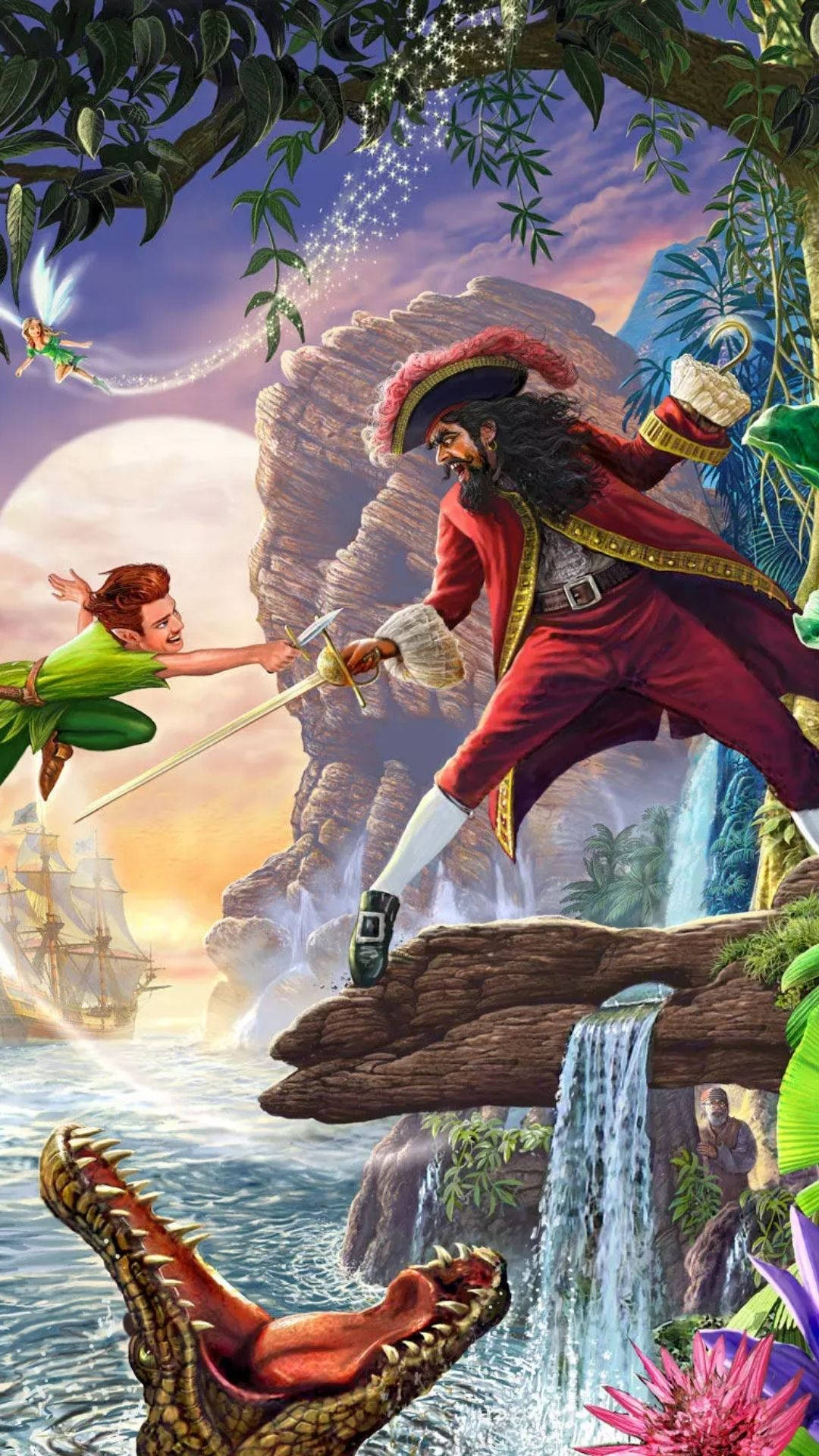 Hook 桌布 壁紙 — 彼得潘與虎克船長在叢林懸崖上決鬥，下方有鱷魚撲來，海盜船在夕陽中航行。