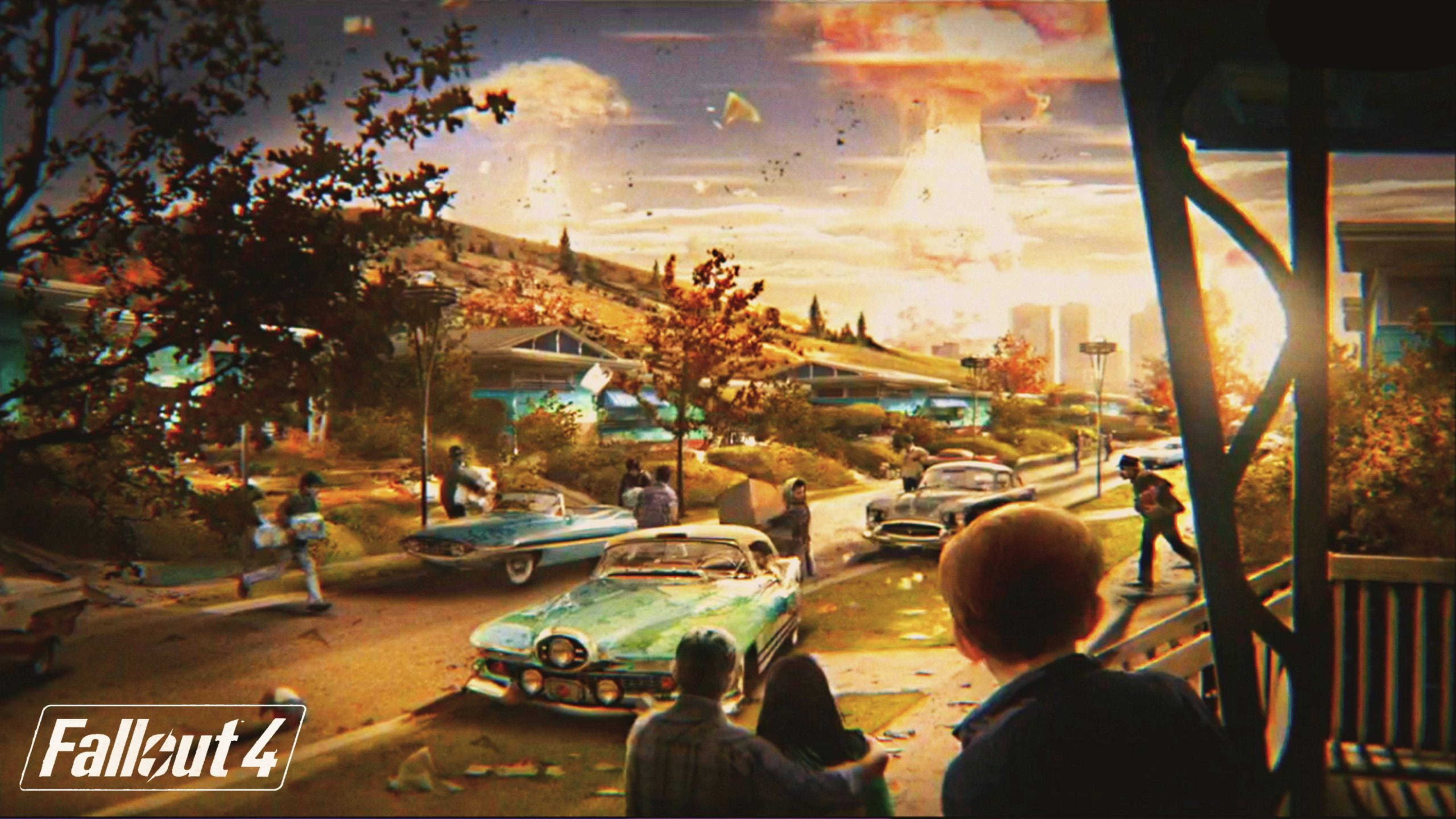 Fallout 4 桌布 壁紙 — 後末日場景，核爆炸在毀壞的郊區住宅區上空爆發，人們正在逃離。
