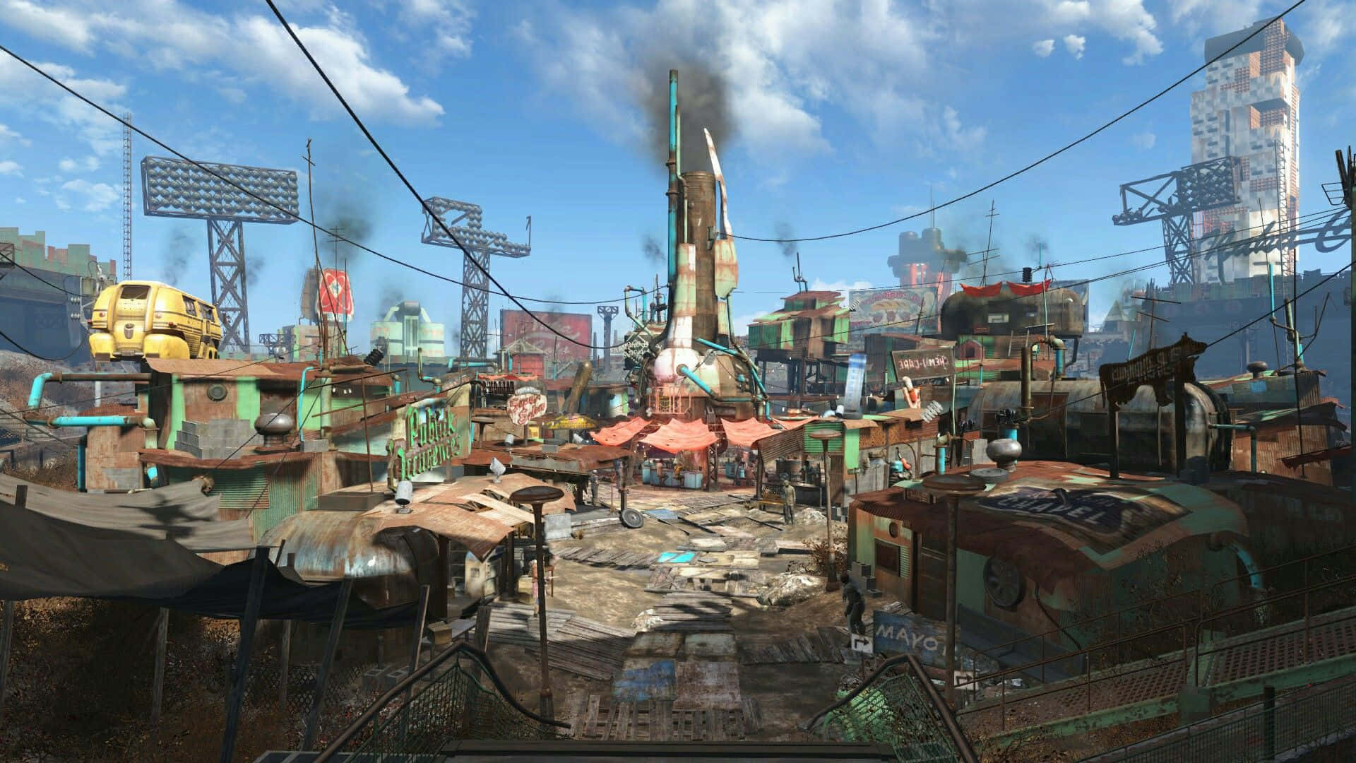 Diamond City 桌布 壁紙 — 後末日荒原，生鏽的車輛和臨時避難所，在明亮的藍天下有散落的雲朵。