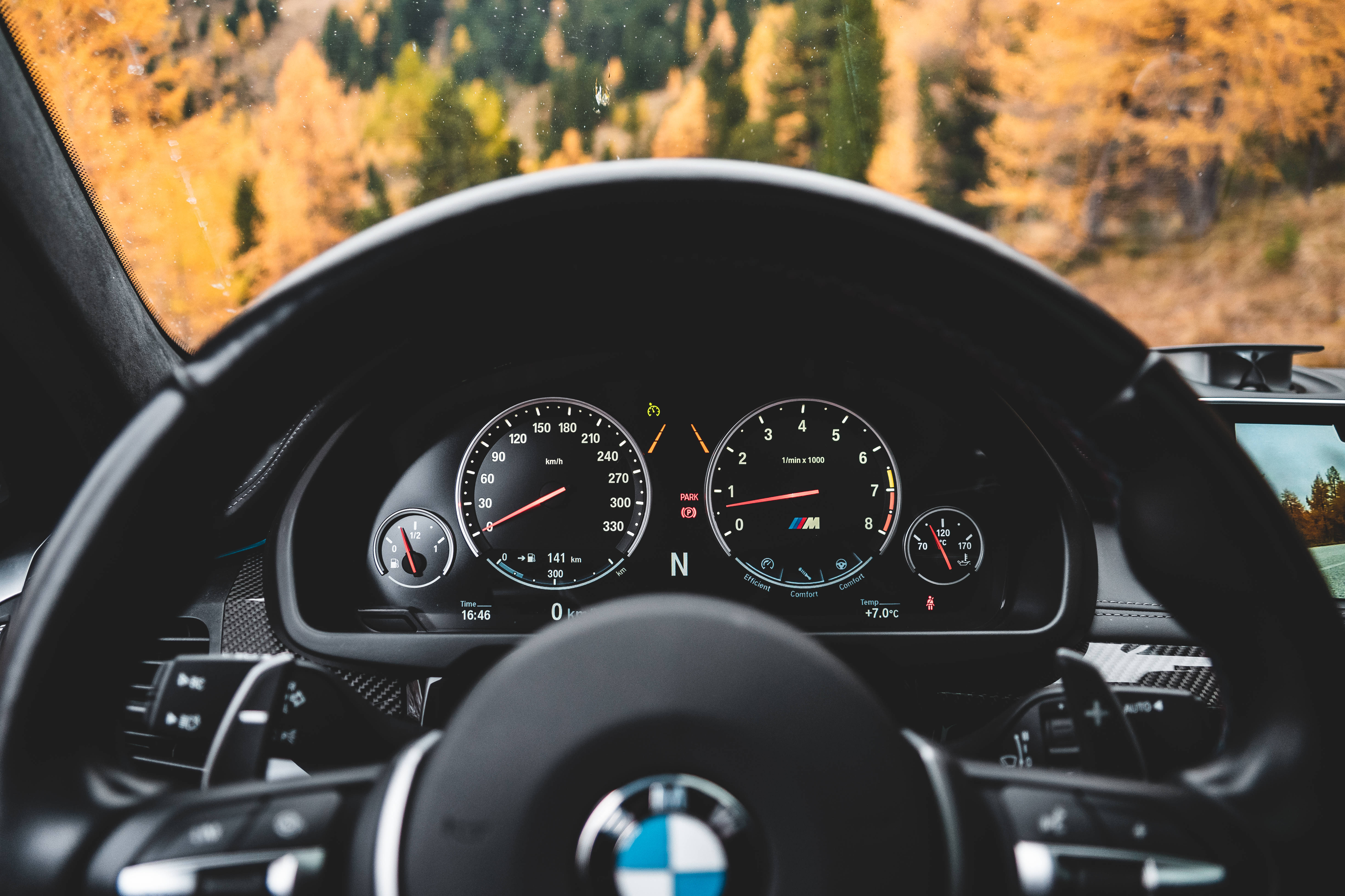 cars 桌布 壁紙 — 從BMW M車內近距離拍攝，顯示儀表板和方向盤，透過擋風玻璃可以看到風景如畫的秋日森林。