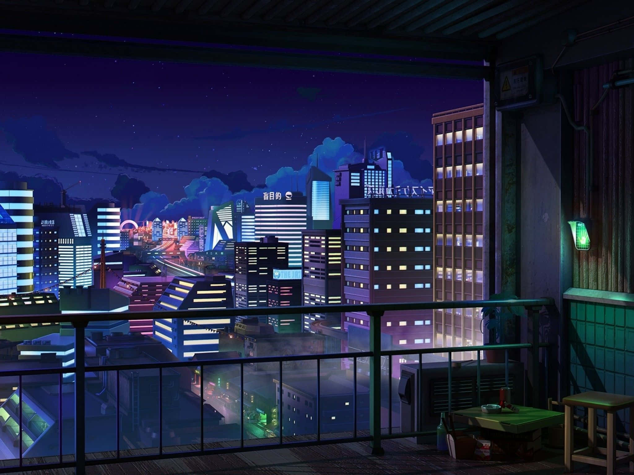 Aesthetic Anime City 桌布 壁紙 — 從一個風化的陽台俯瞰，充滿活力的霓虹燈城市夜景，帶有發光的招牌和星空。