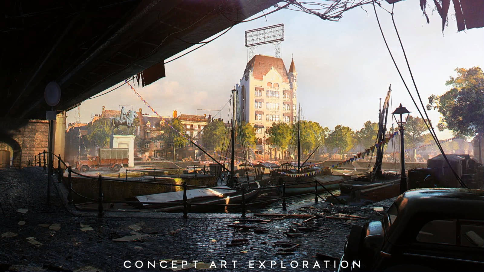 Battlefield 5 桌布 壁紙 — 從一座破舊橋樑下方觀看的陽光普照海濱城市景觀，廢墟中有船隻和復古汽車。