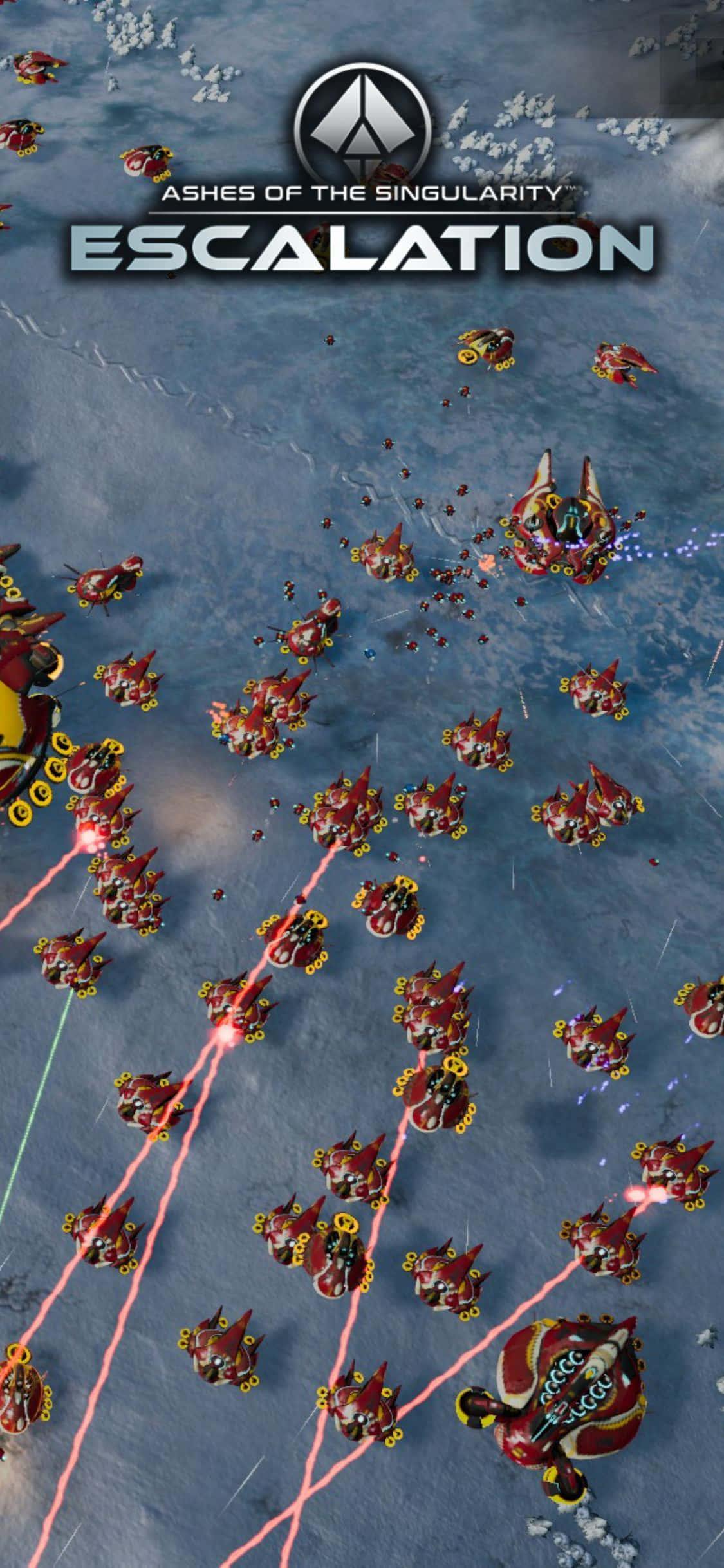 iPhone X Ashes Of The Singularity Escalation 桌布 壁紙 — 從上方俯瞰，眾多紅色和金色的未來戰艦在科幻遊戲的雪地戰場上發射粉紅色雷射。