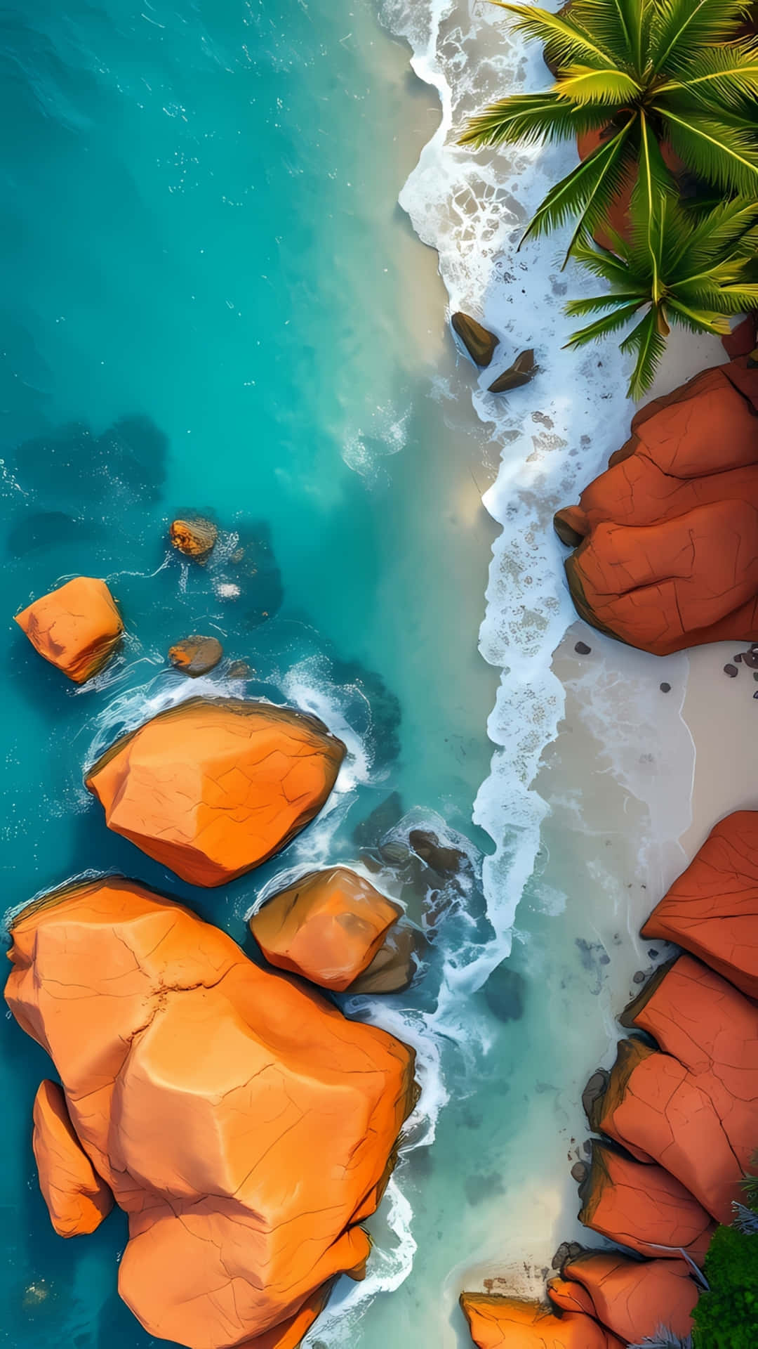 Aerial View of Tropical Beach and Red Rocks 壁紙 — 從上方俯瞰，碧綠的海浪拍打著鮮豔的橙色岩石和白色沙灘，旁邊是茂密的綠色棕櫚樹。