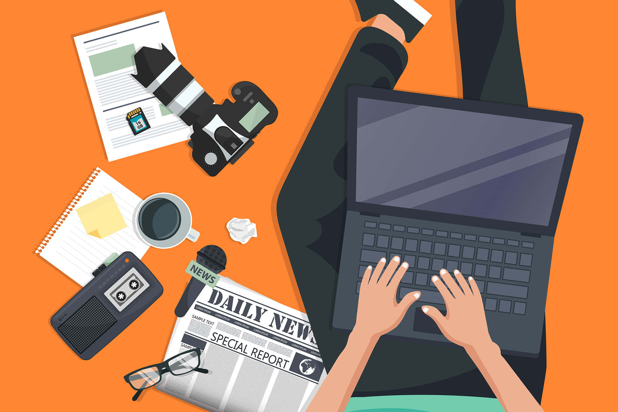Journalism 桌布 壁紙 — 從上方俯瞰，雙手在橙色鮮豔背景上被新聞工具包圍的筆記型電腦上打字。