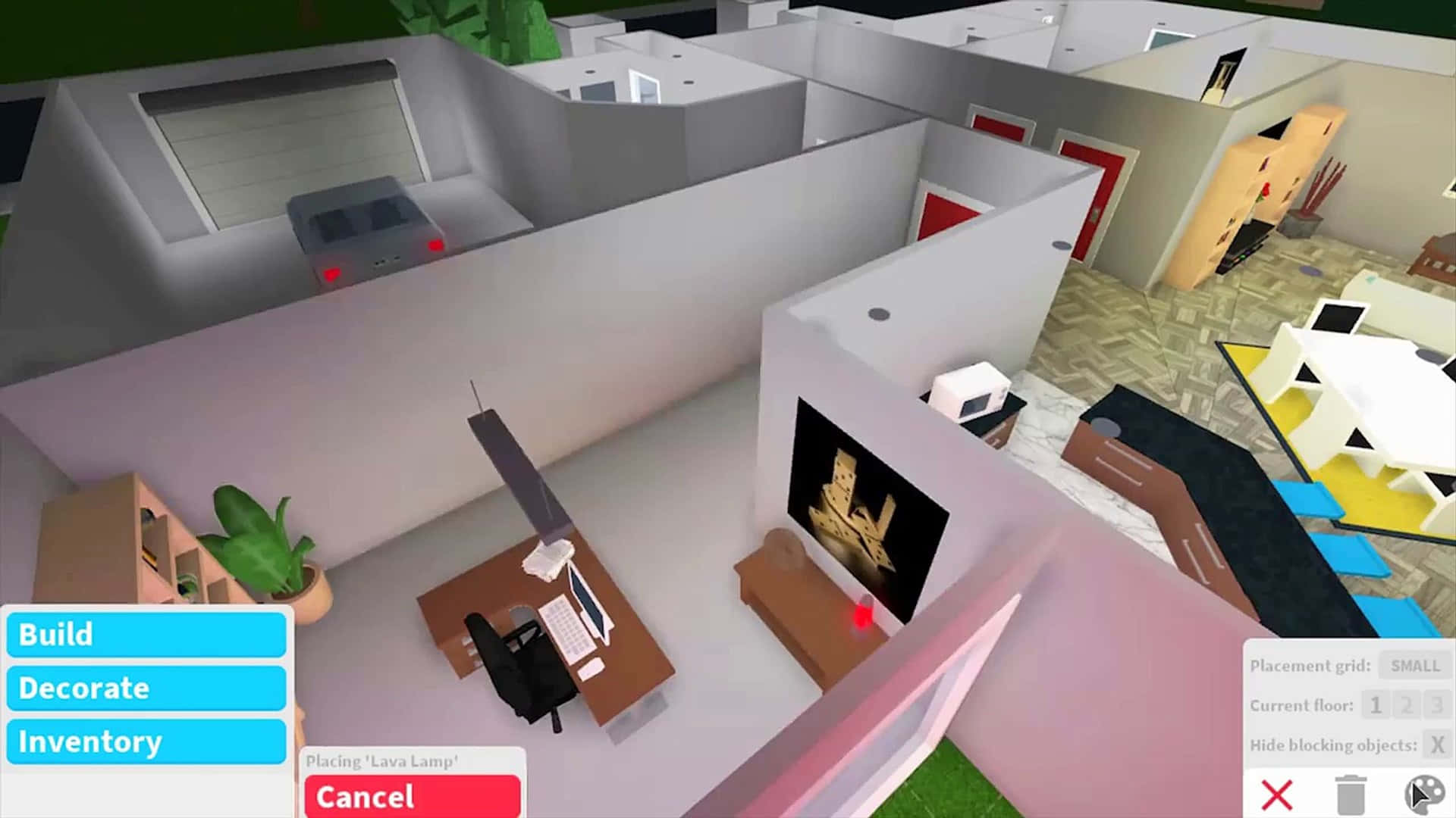 桌布 壁紙 — 從上方俯瞰一個3D渲染的房間內部，配有家具和一個正在放置的熔岩燈。