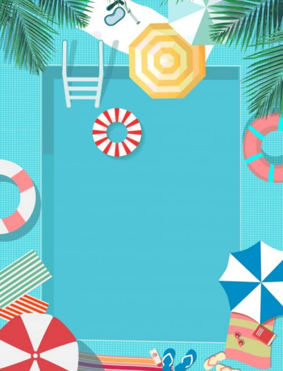 Swimming Pool 桌布 壁紙 — 從上方俯瞰一個充滿活力的藍綠色游泳池，周圍環繞著色彩繽紛的遮陽傘、棕櫚葉和游泳裝備，採用平面向量風格。