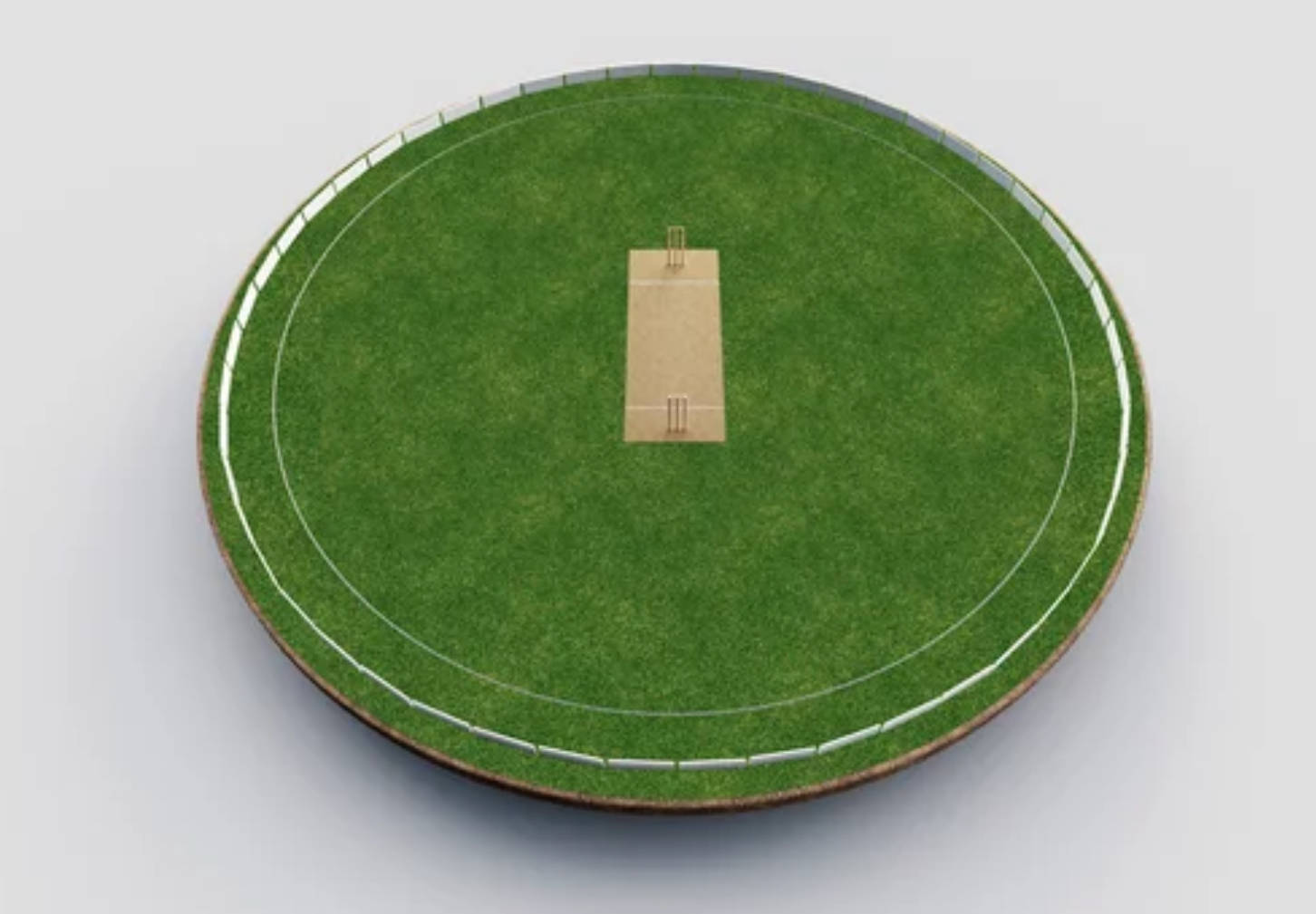 Cricket Ground 桌布 壁紙 — 從上方俯瞰一個圓形板球場，有綠色草地和白色邊界線，中央是一個淺棕色三柱門。