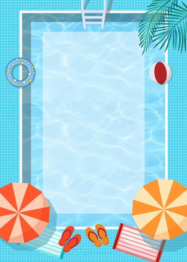 Swimming Pool 桌布 壁紙 — 從上方俯瞰一個明亮的藍色瓷磚泳池，周圍環繞著色彩繽紛的沙灘傘、人字拖和棕櫚葉。