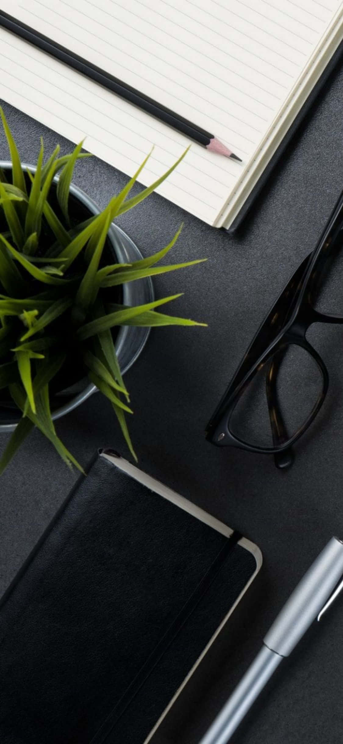 iPhone Xs Desk 桌布 壁紙 — 從上方俯瞰一個簡約風格的書桌，上面有盆栽多肉植物、筆記本、鉛筆、眼鏡和鋼筆，置於深色表面上。